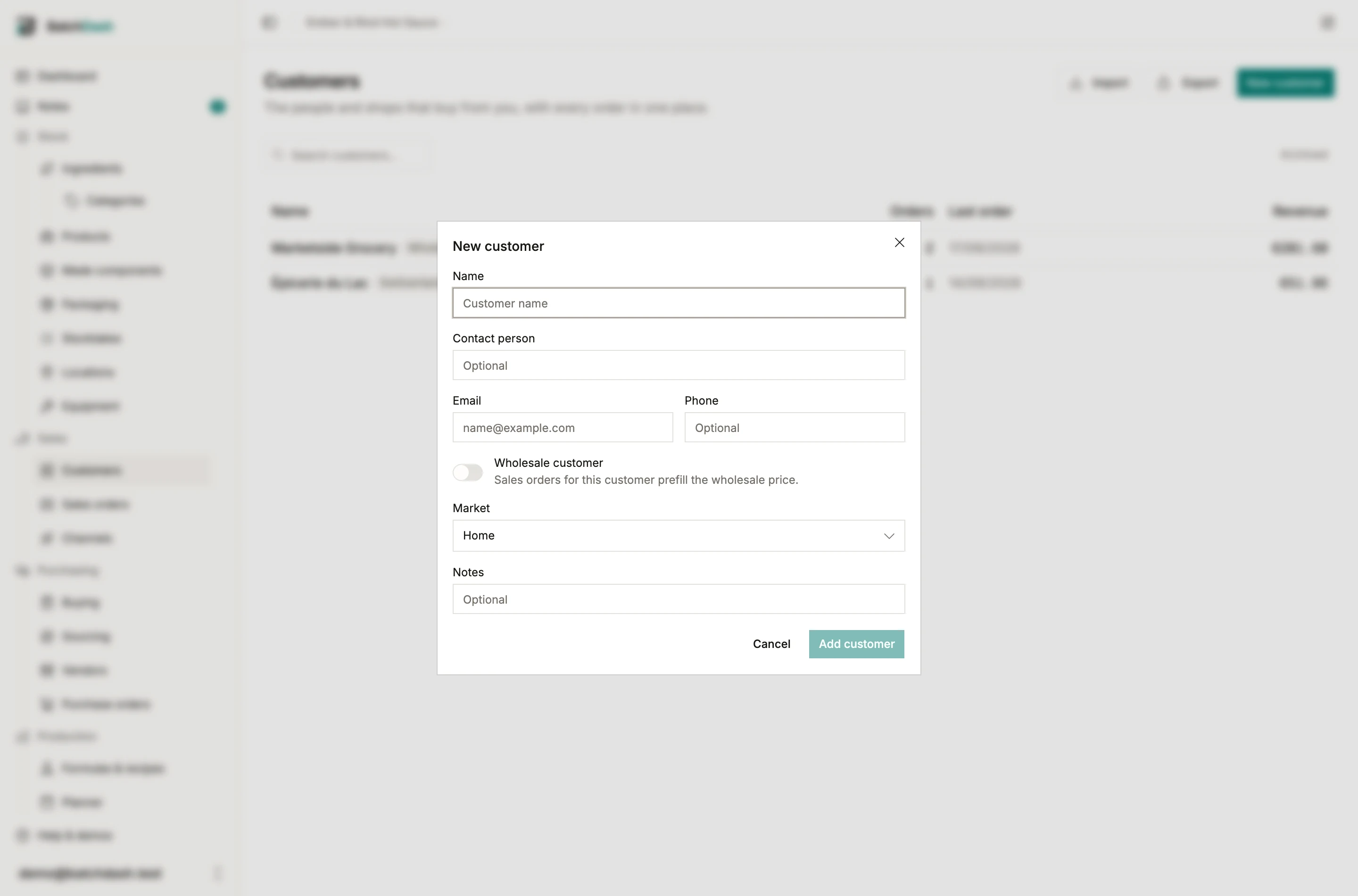 The new customer dialog
