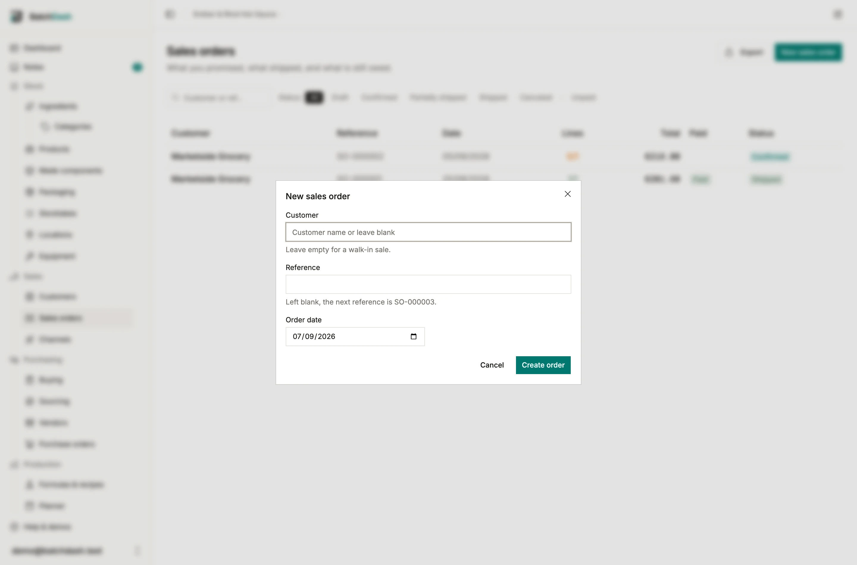 The new sales order dialog