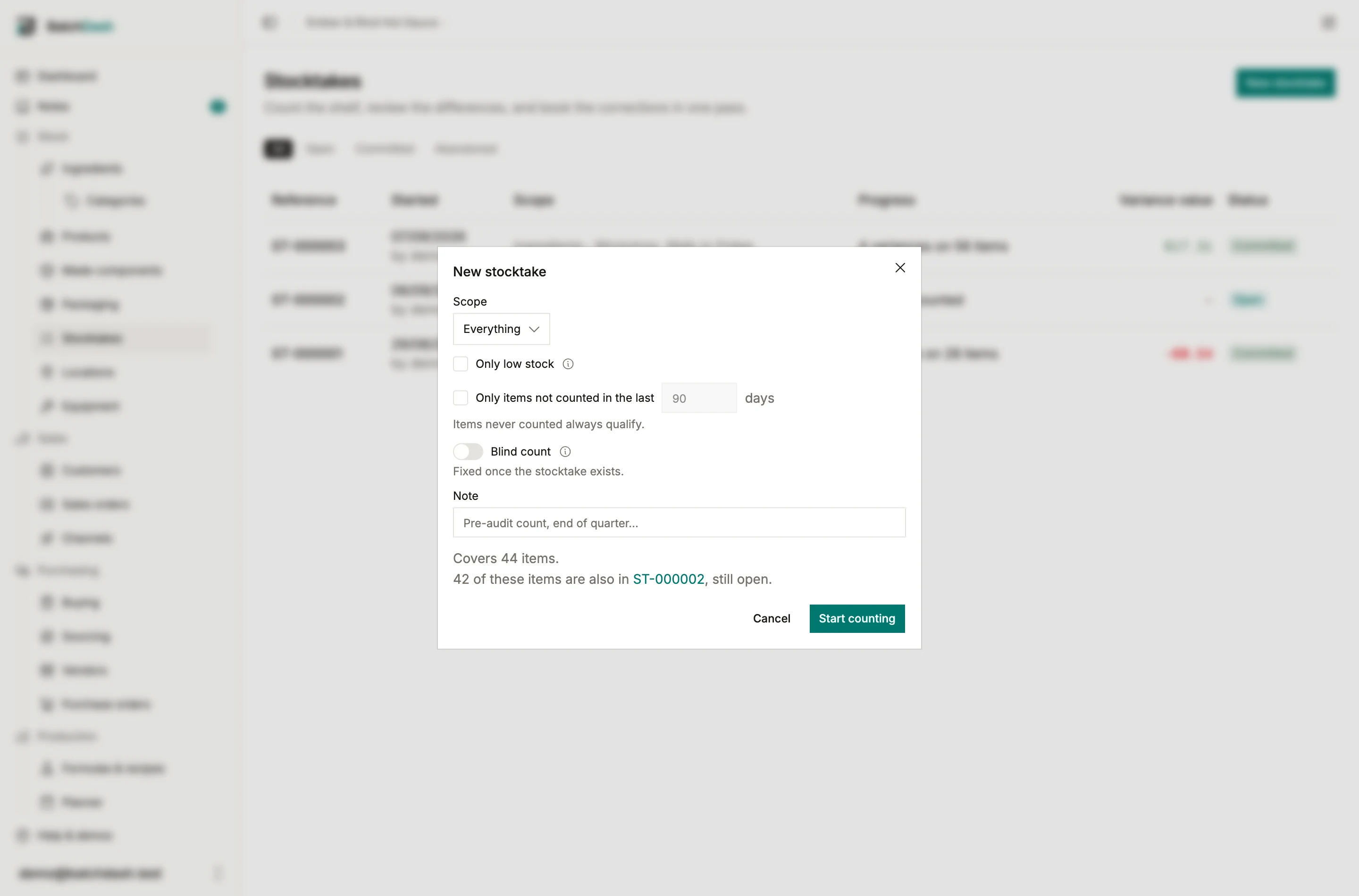 The new stocktake dialog
