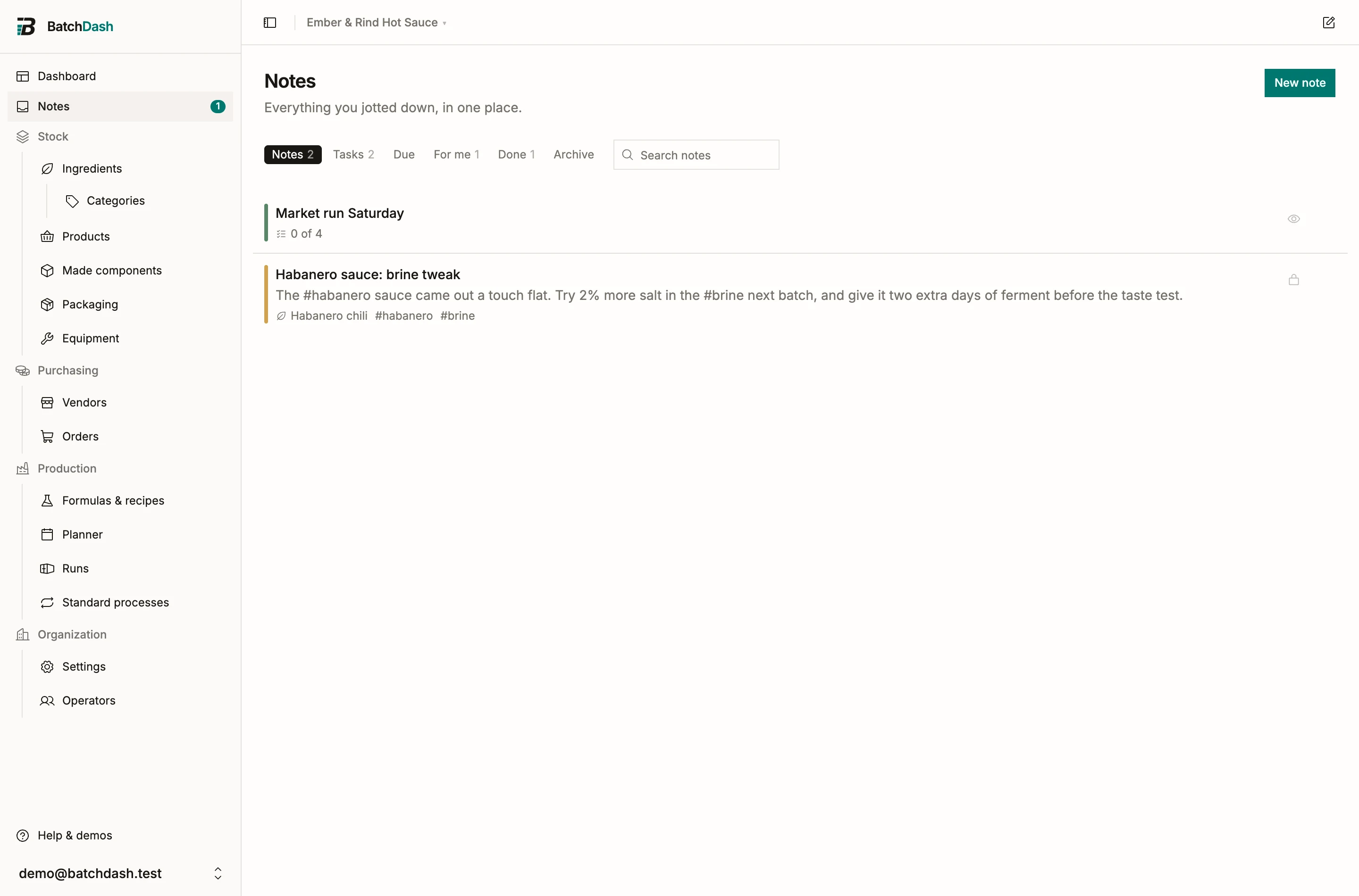 The Notes list with its Notes, Tasks, Due, For me and Done filters