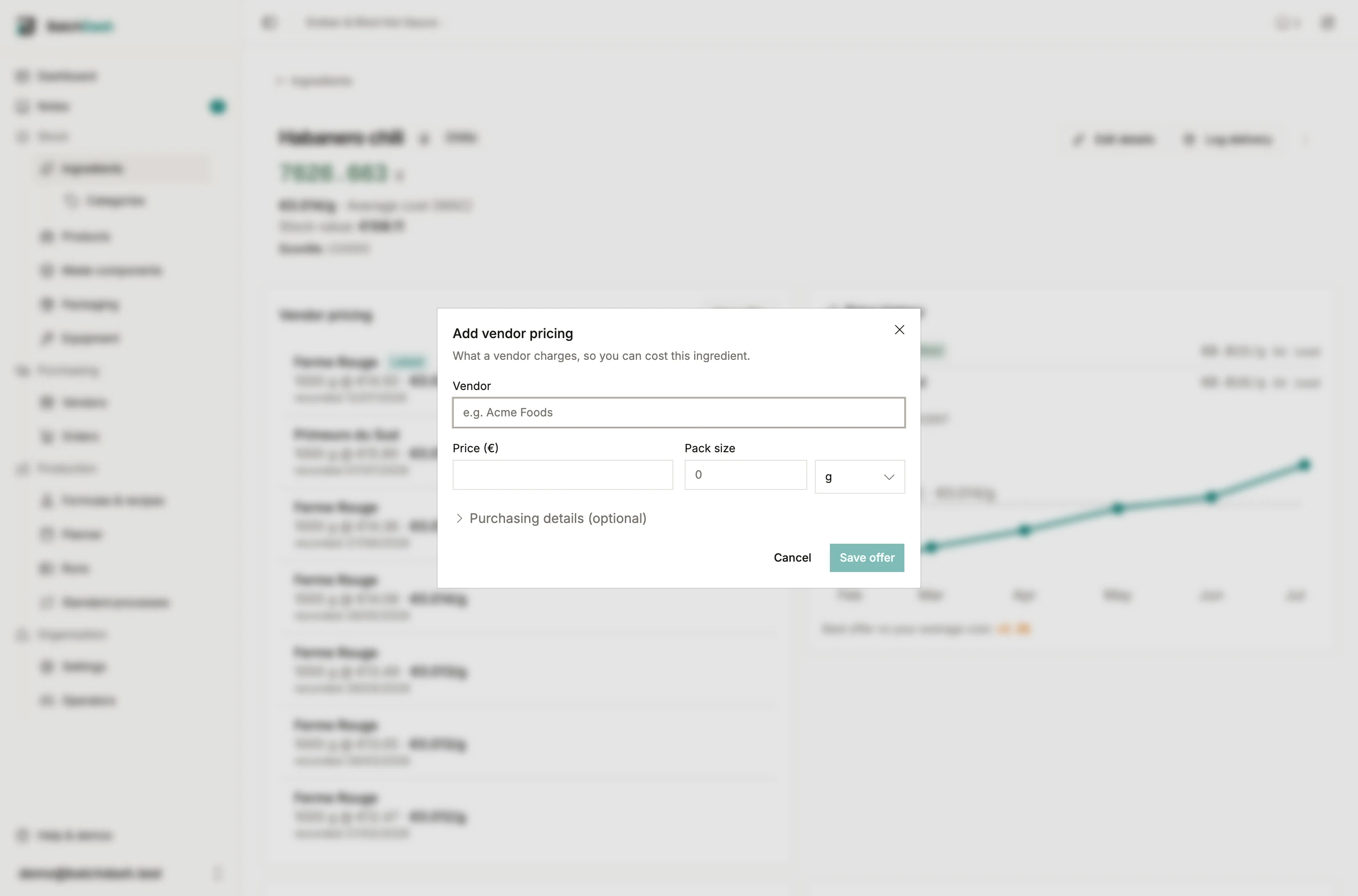 The new-offer dialog: attach a vendor and price a pack size in the unit you buy
