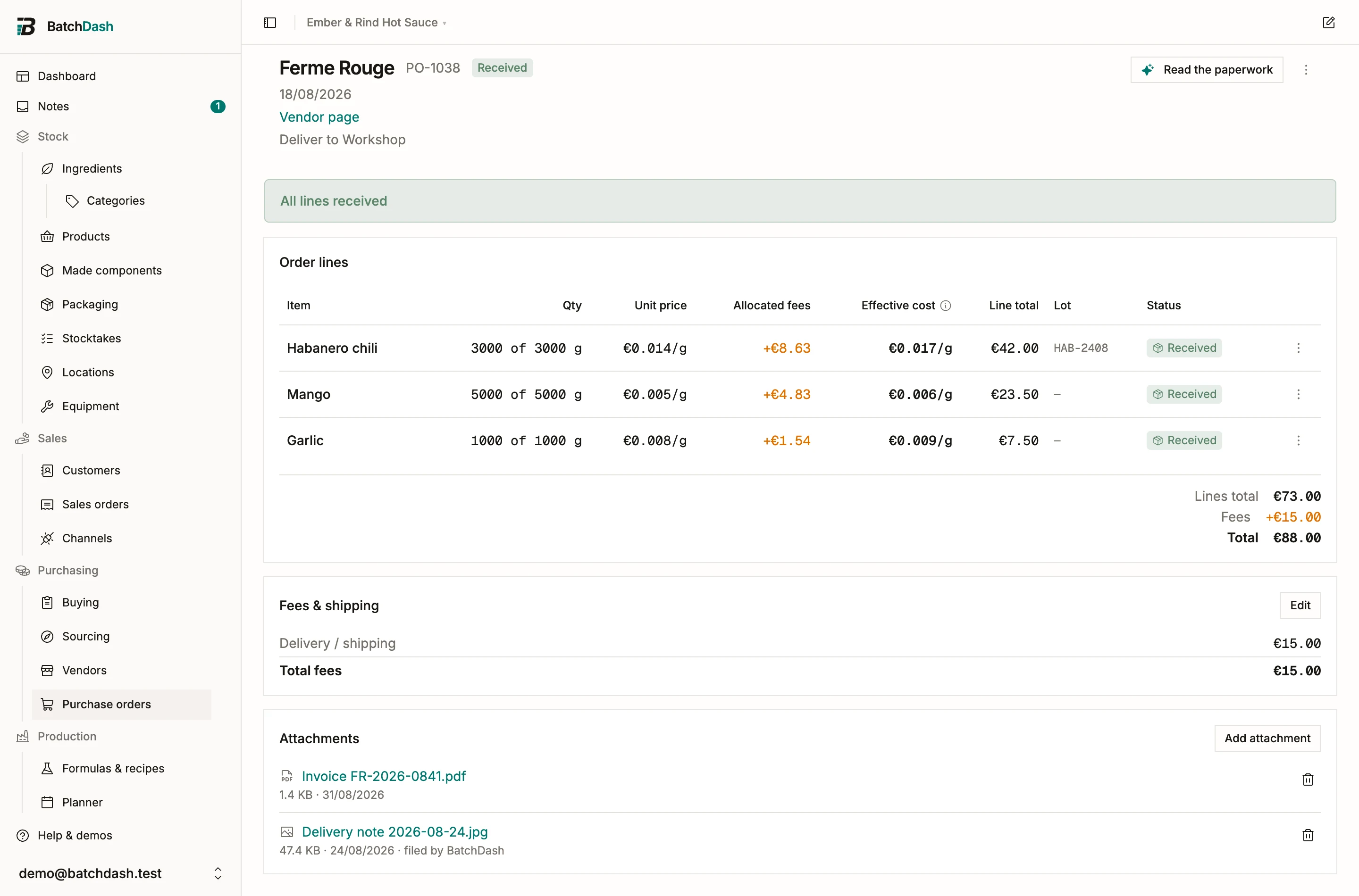 The Attachments card: an invoice somebody uploaded, and a delivery note the app filed