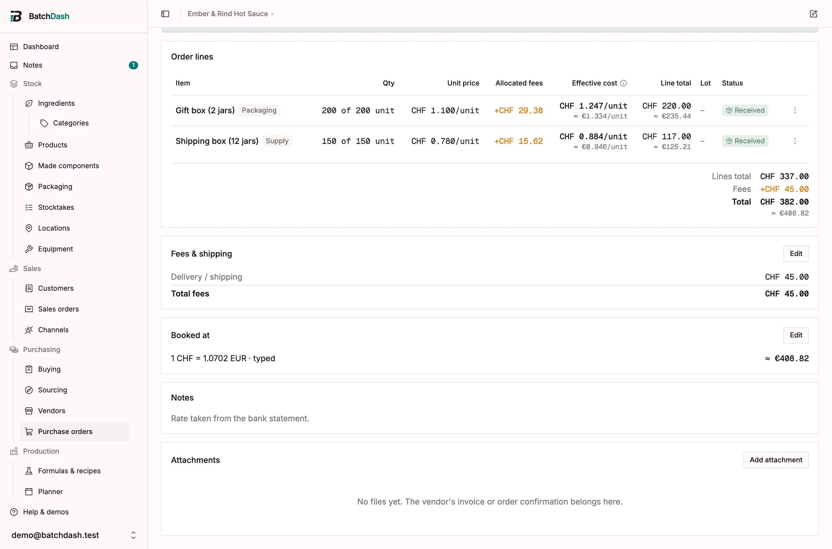 The Booked at card on a purchase order in Swiss francs