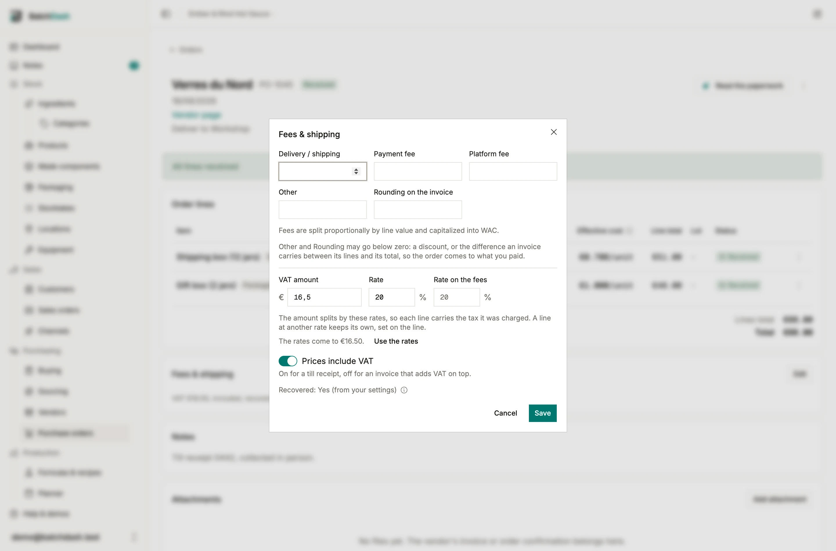 The fees dialog with its VAT row