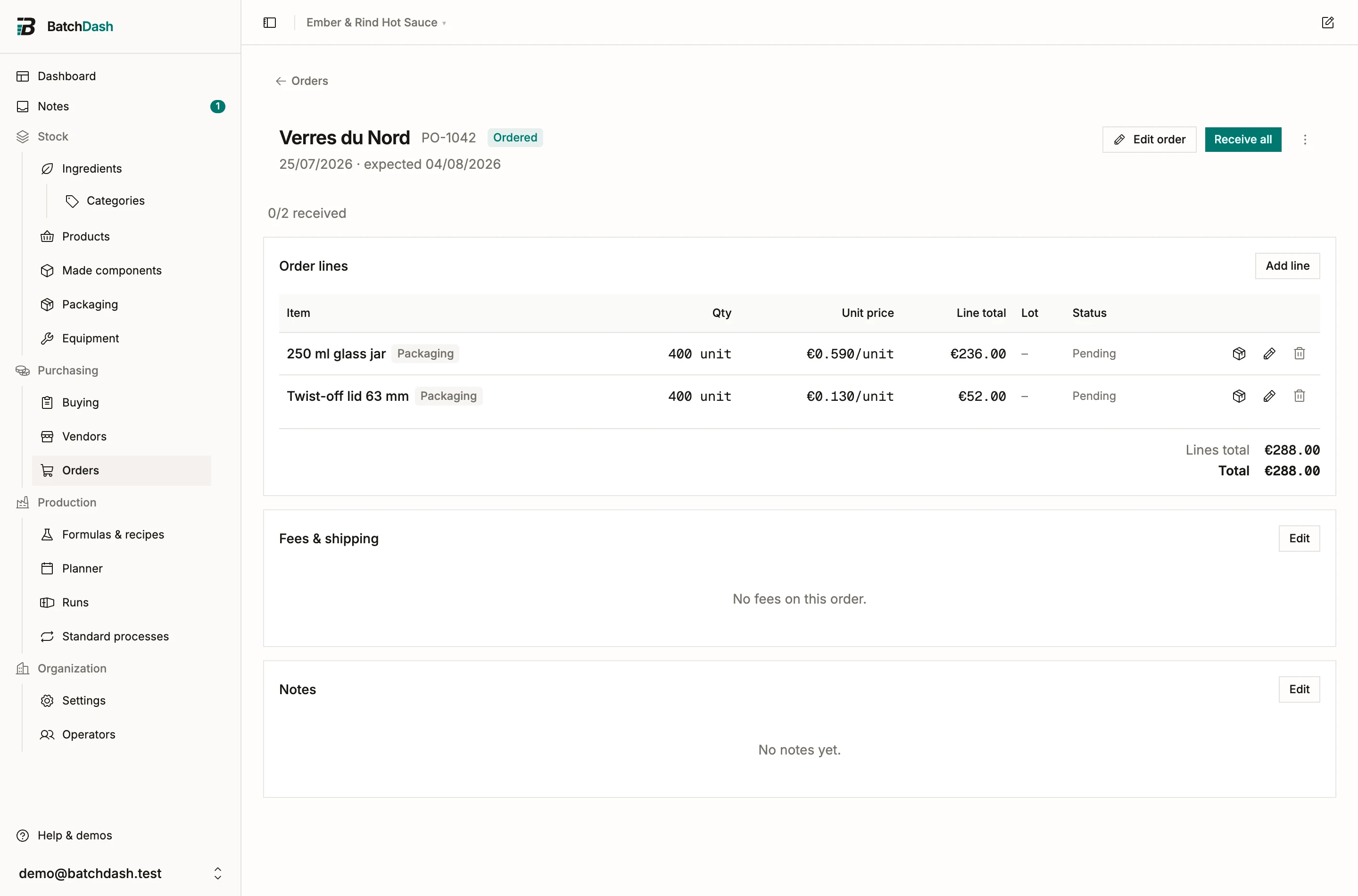 An order page with its lines, fees and status