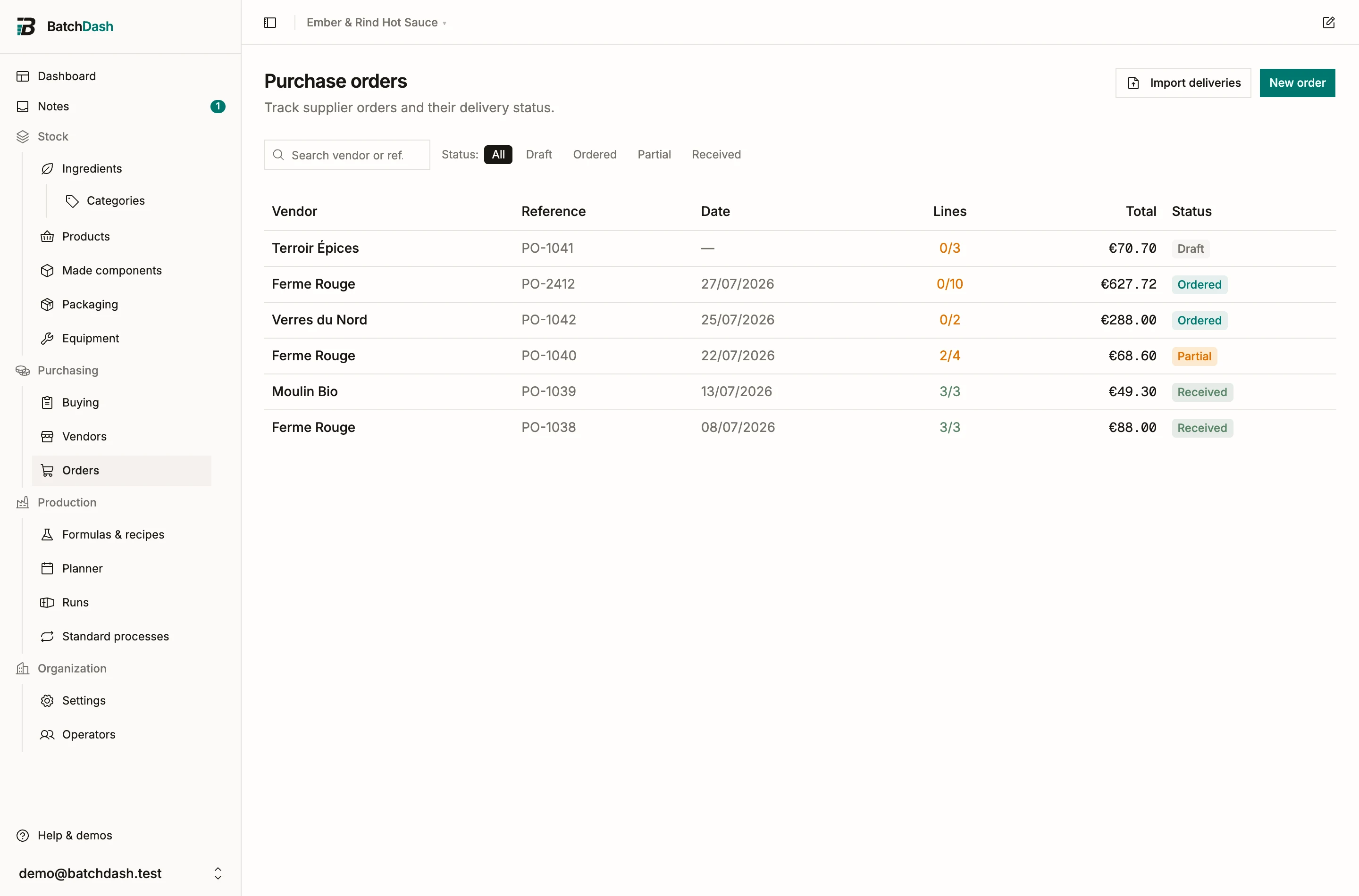 The purchase orders list with statuses and totals
