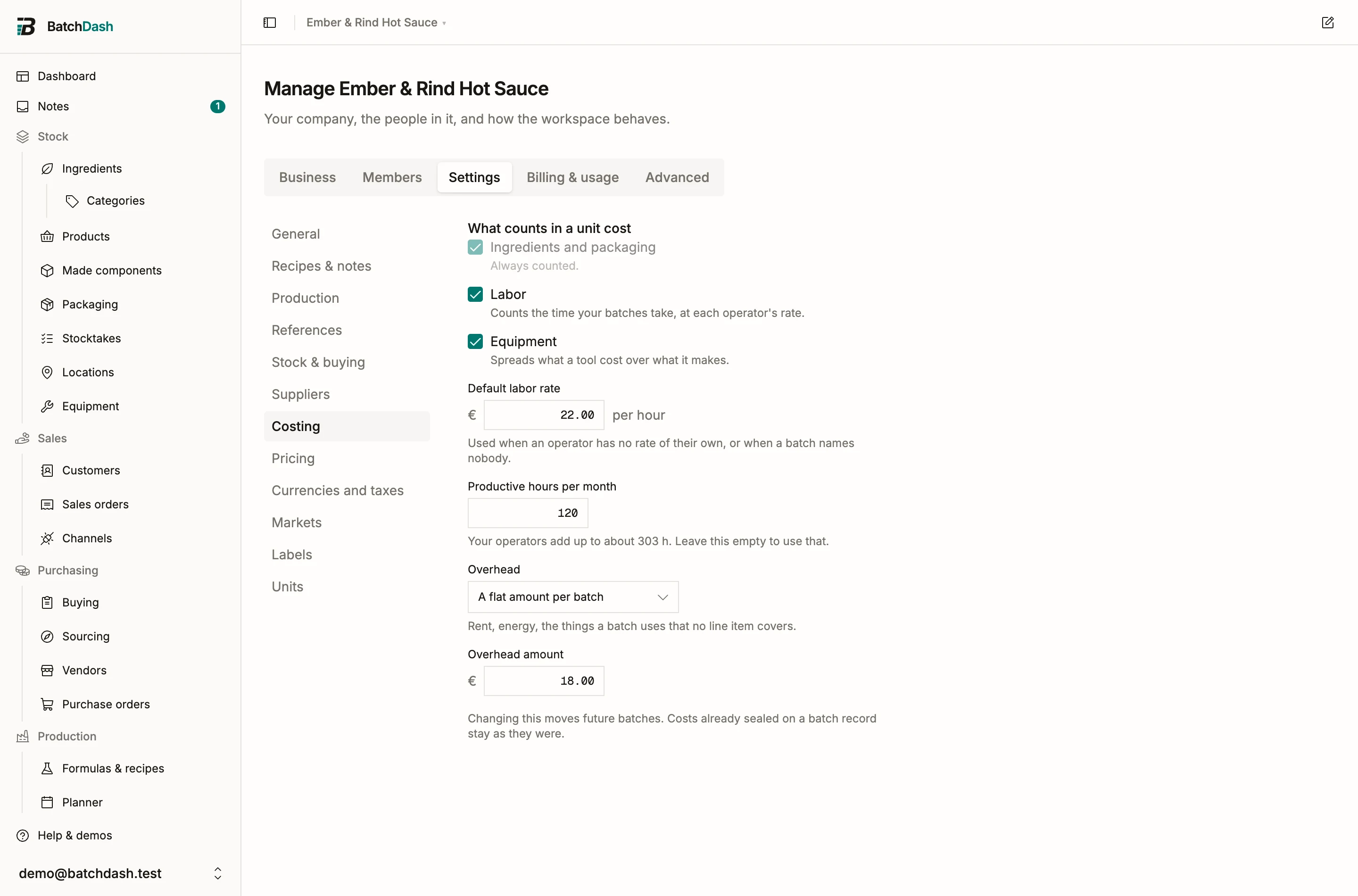 The Costing settings: what counts, the default labor rate, and overhead