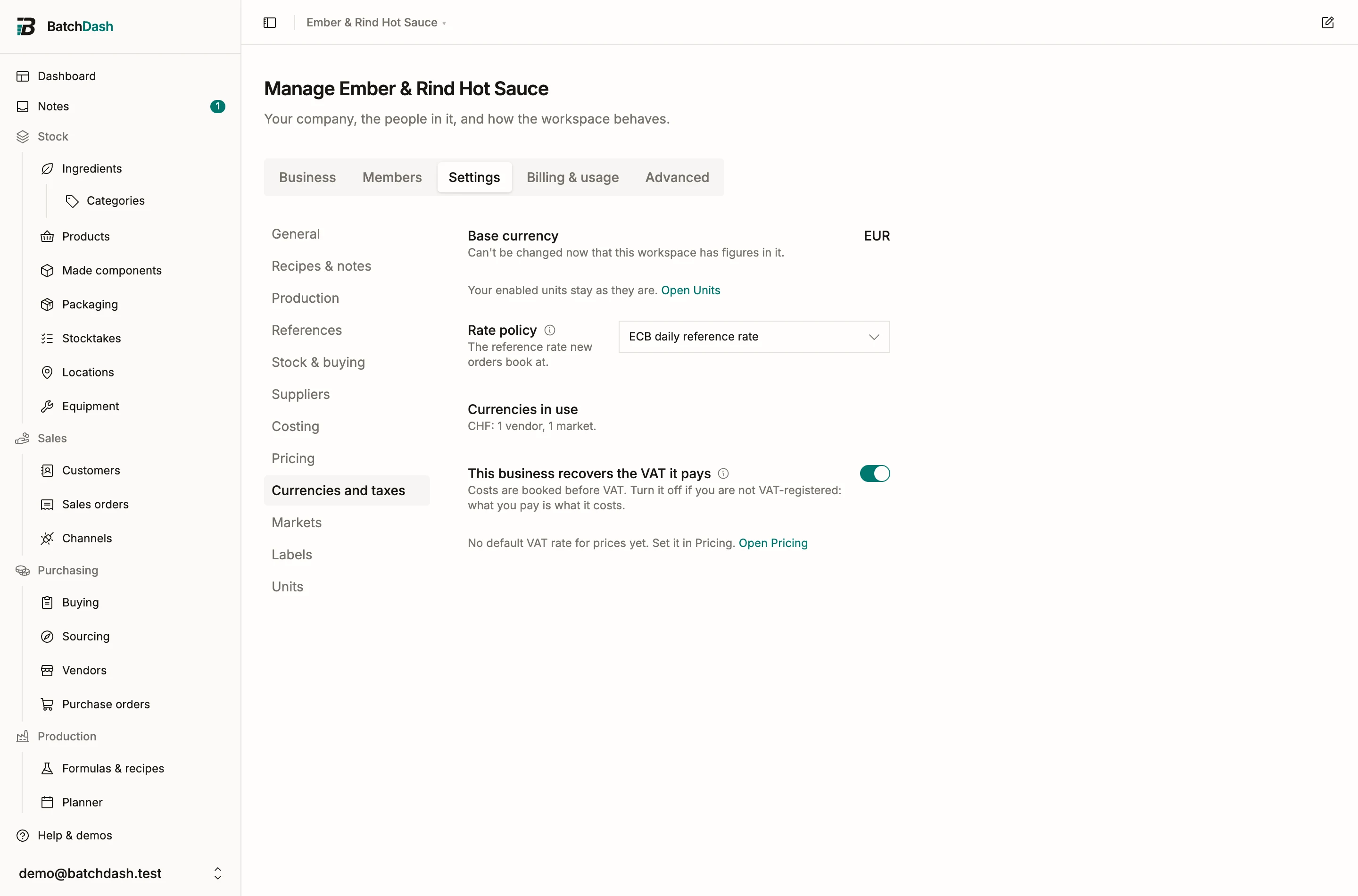 The Currencies and taxes settings module, with the recovers-VAT switch