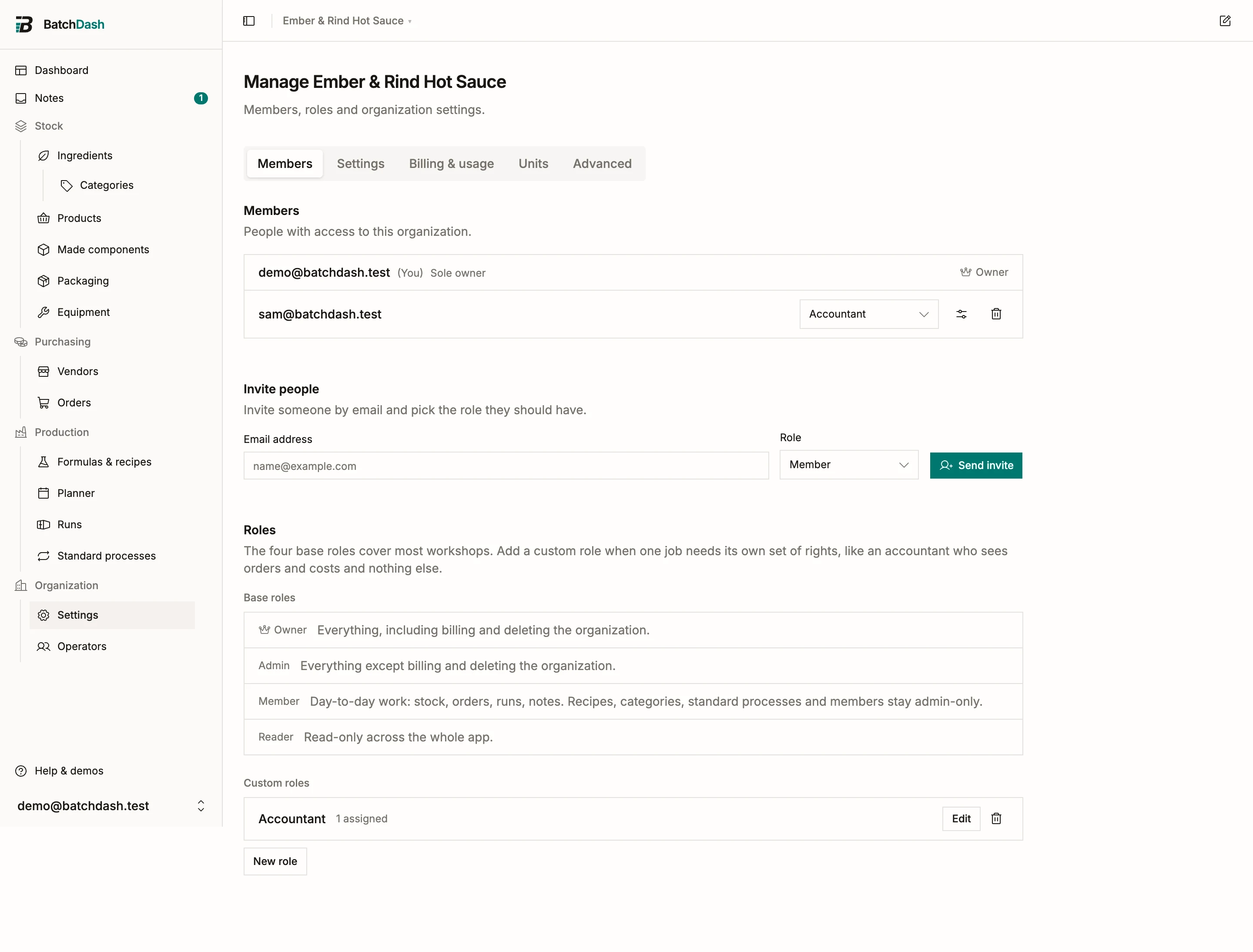 The manage organization page