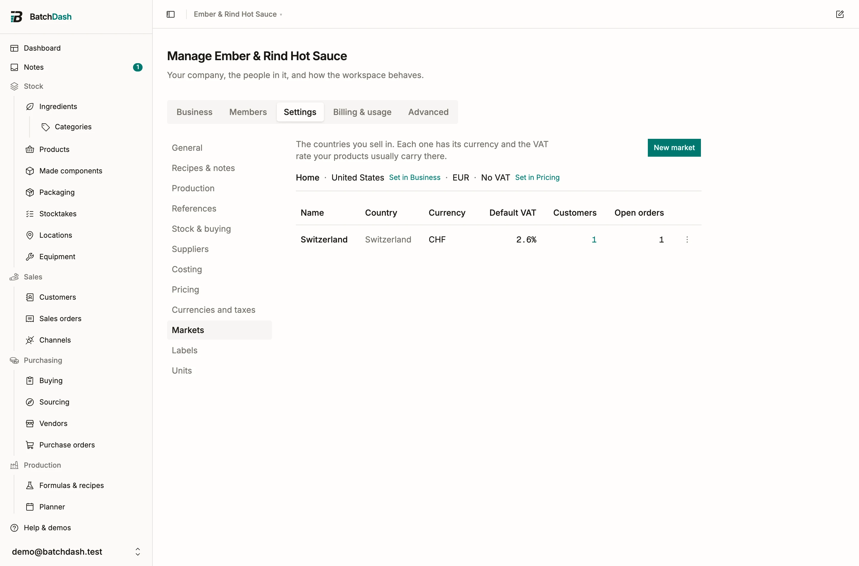 The Markets settings module