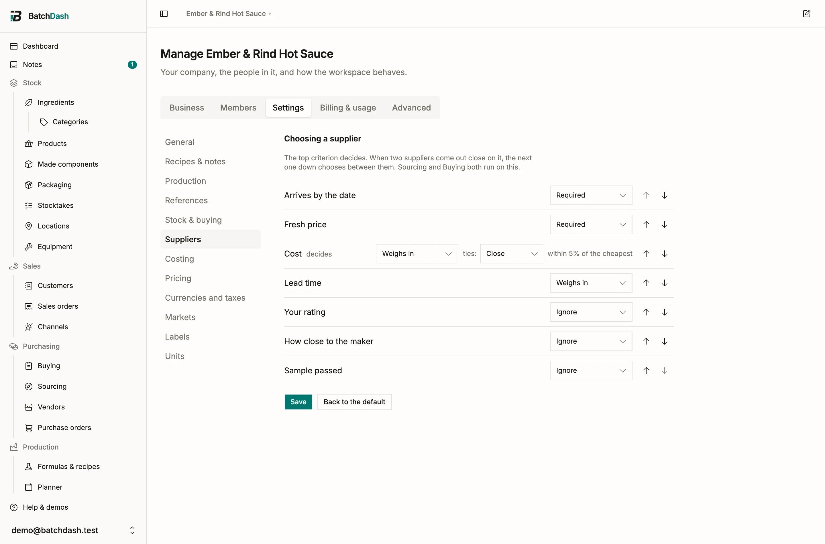 The Suppliers setting: an ordered list of criteria