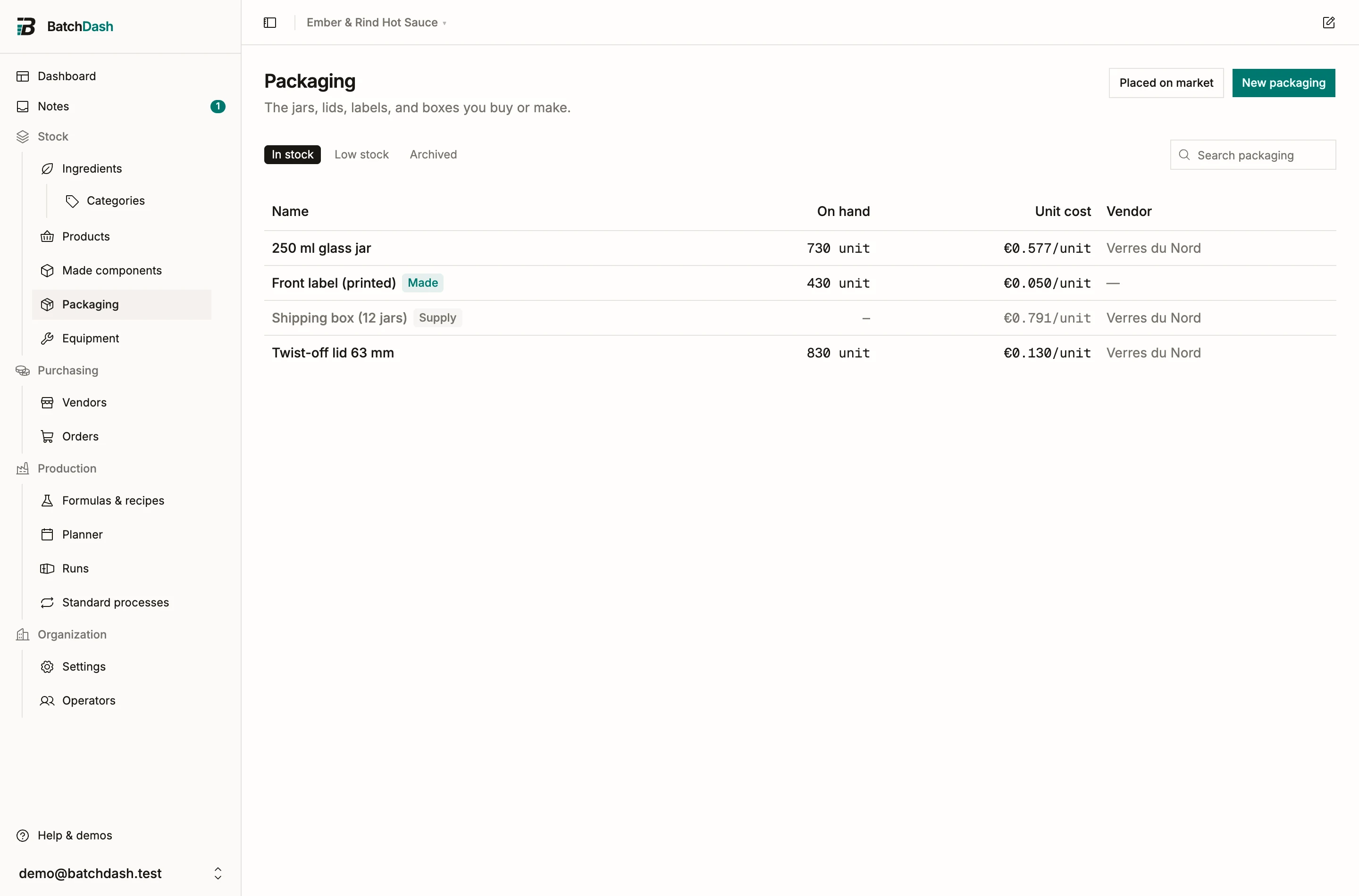 The packaging list with stock levels and unit costs