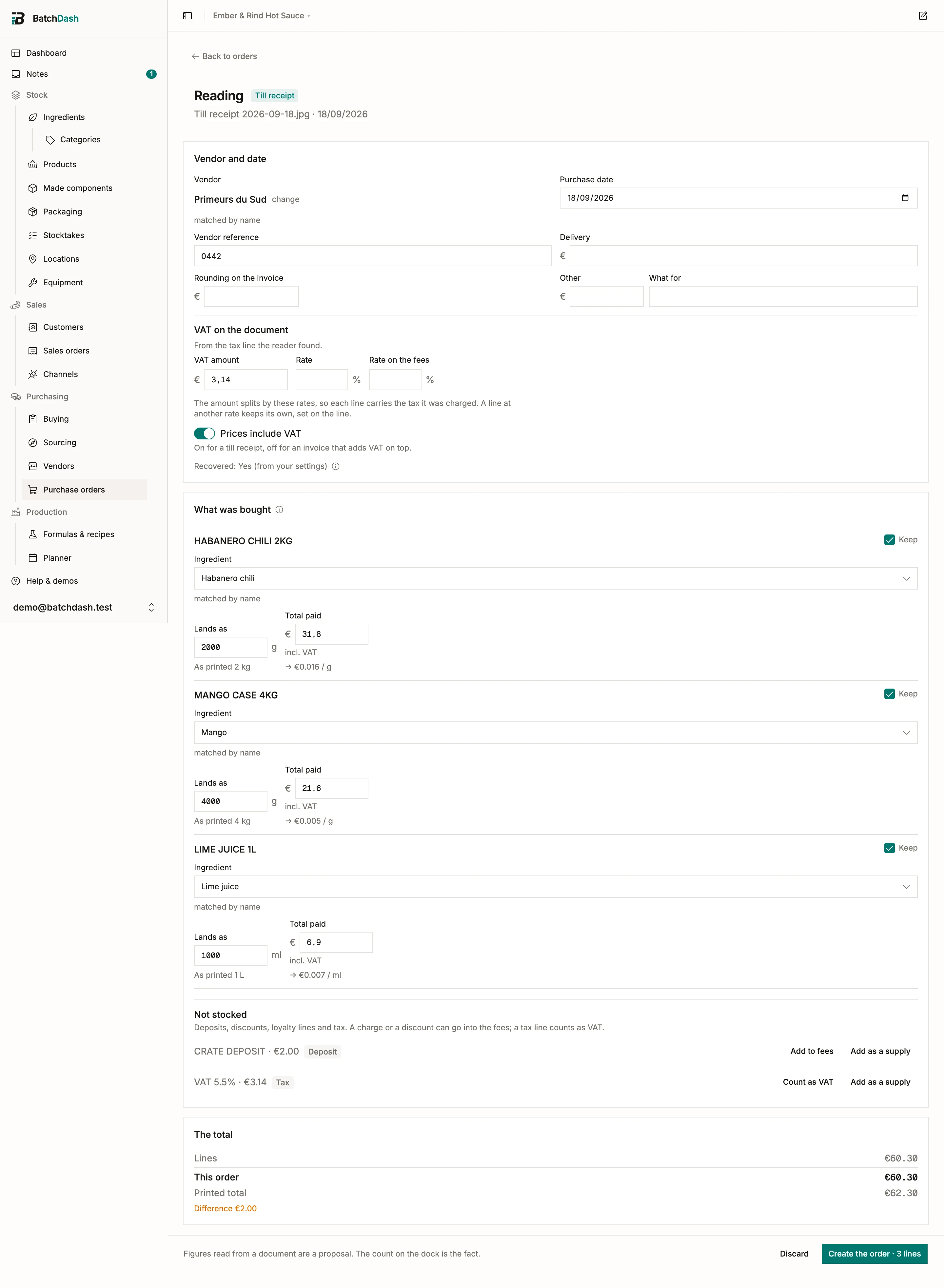 A reading with no order: the vendor block, the lines it matched, and the total it checks