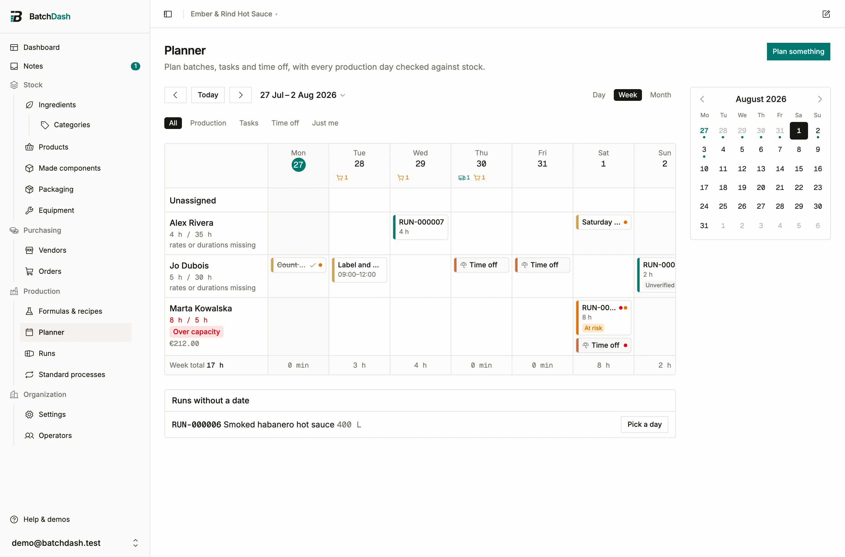 The week board with operator rows, entries and the week totals
