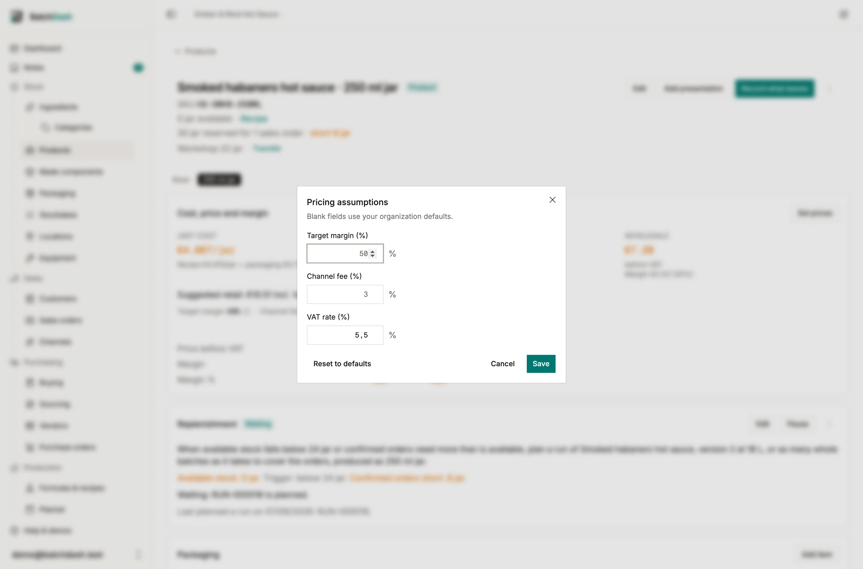 The pricing assumptions dialog