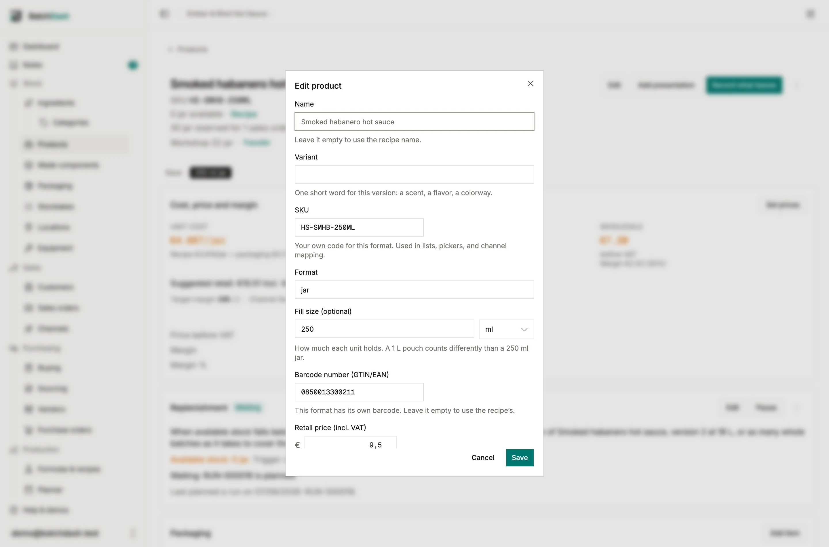 The Edit dialog with the variant and the SKU
