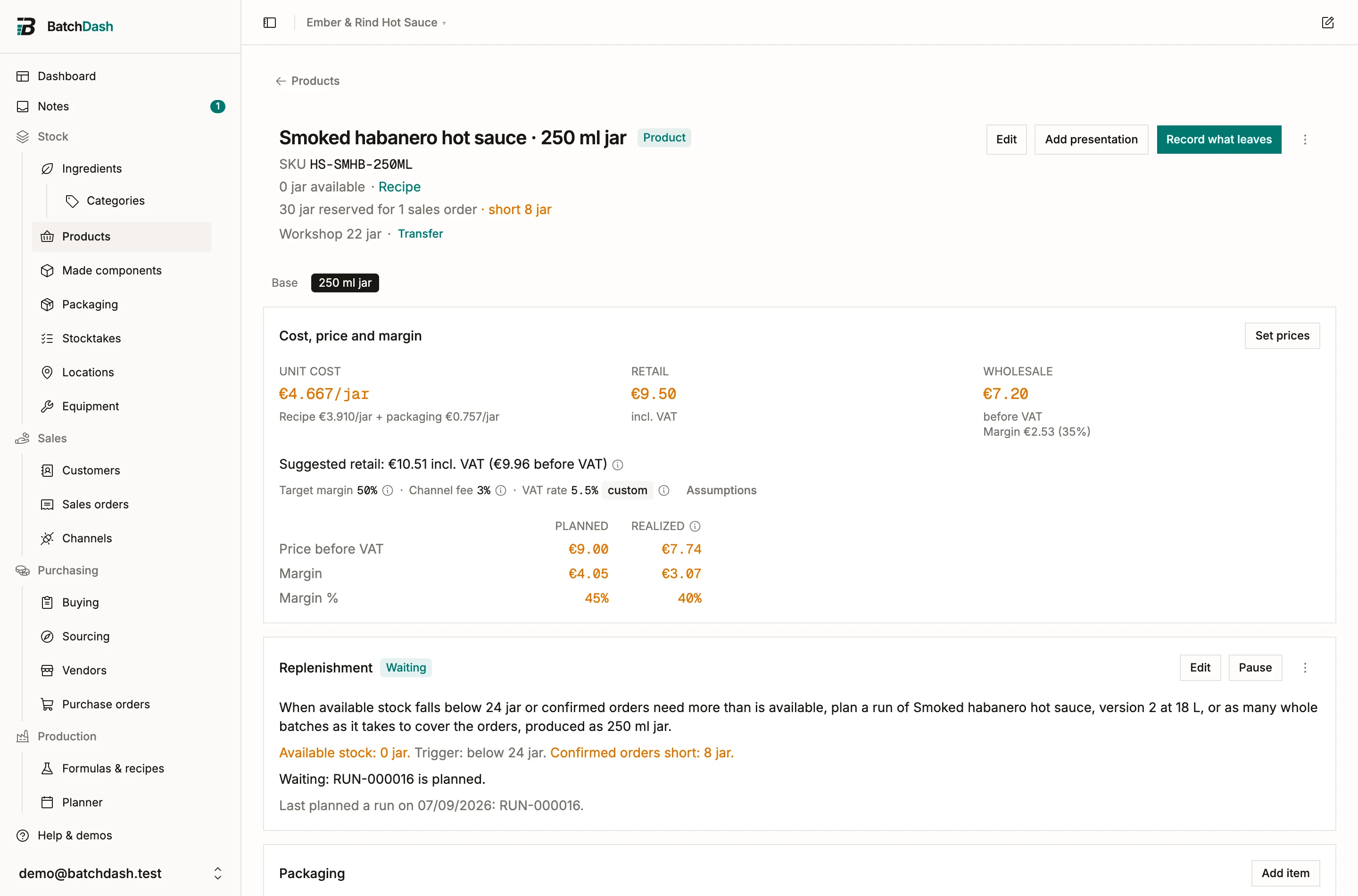 A product page showing stock reserved for sales orders