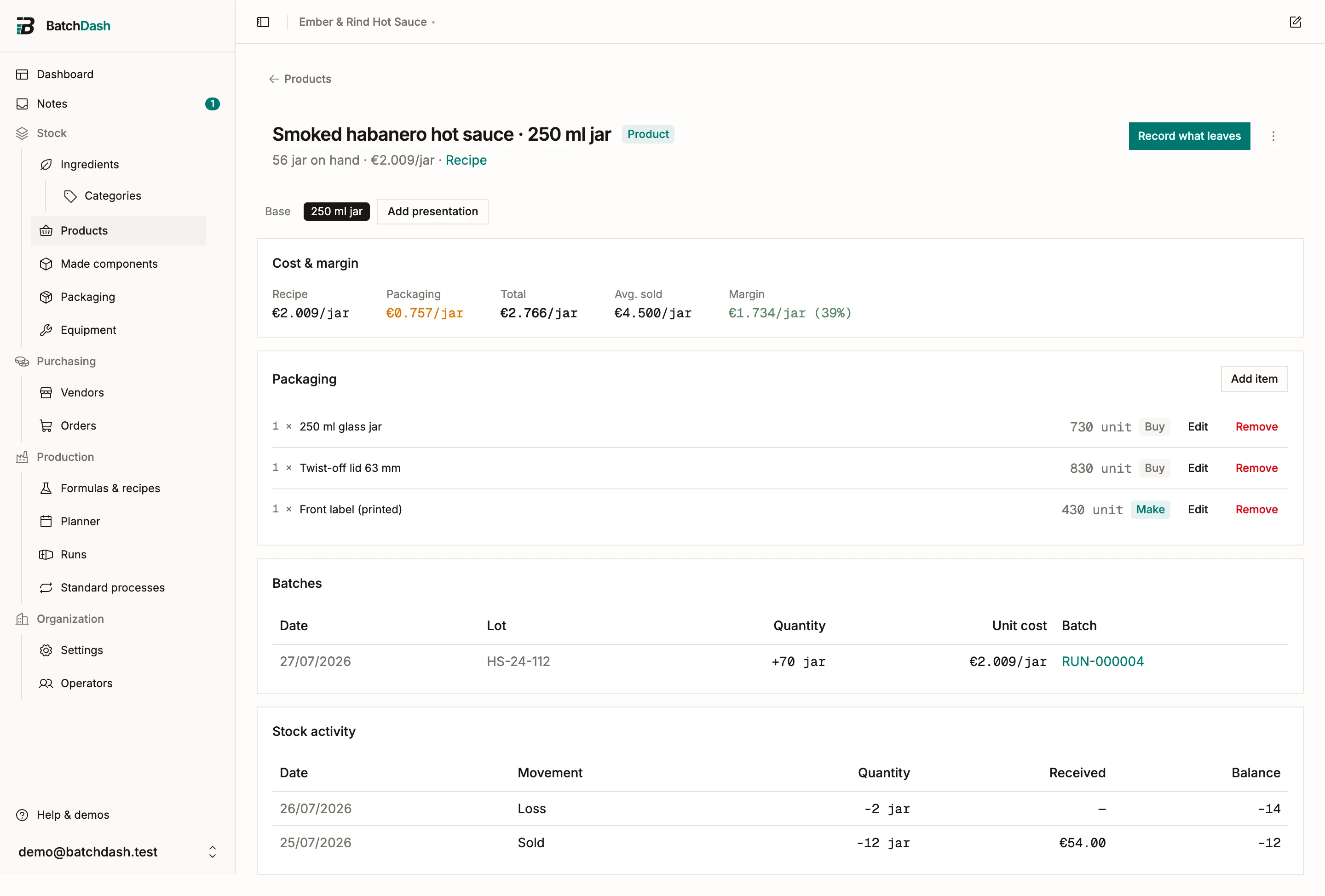 A product page with cost, packaging, and stock activity