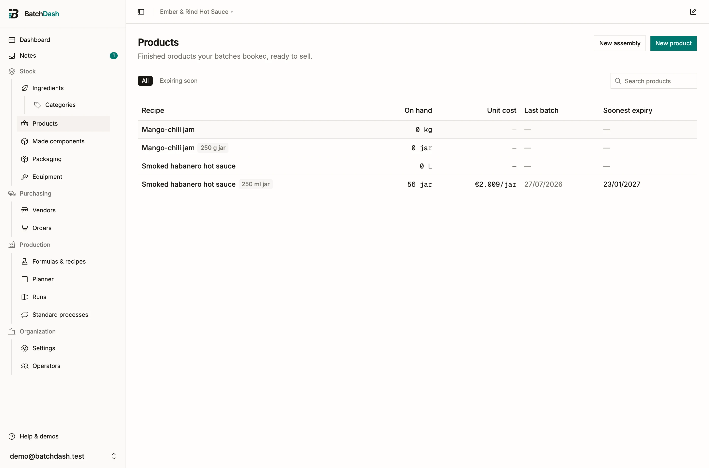 The products list
