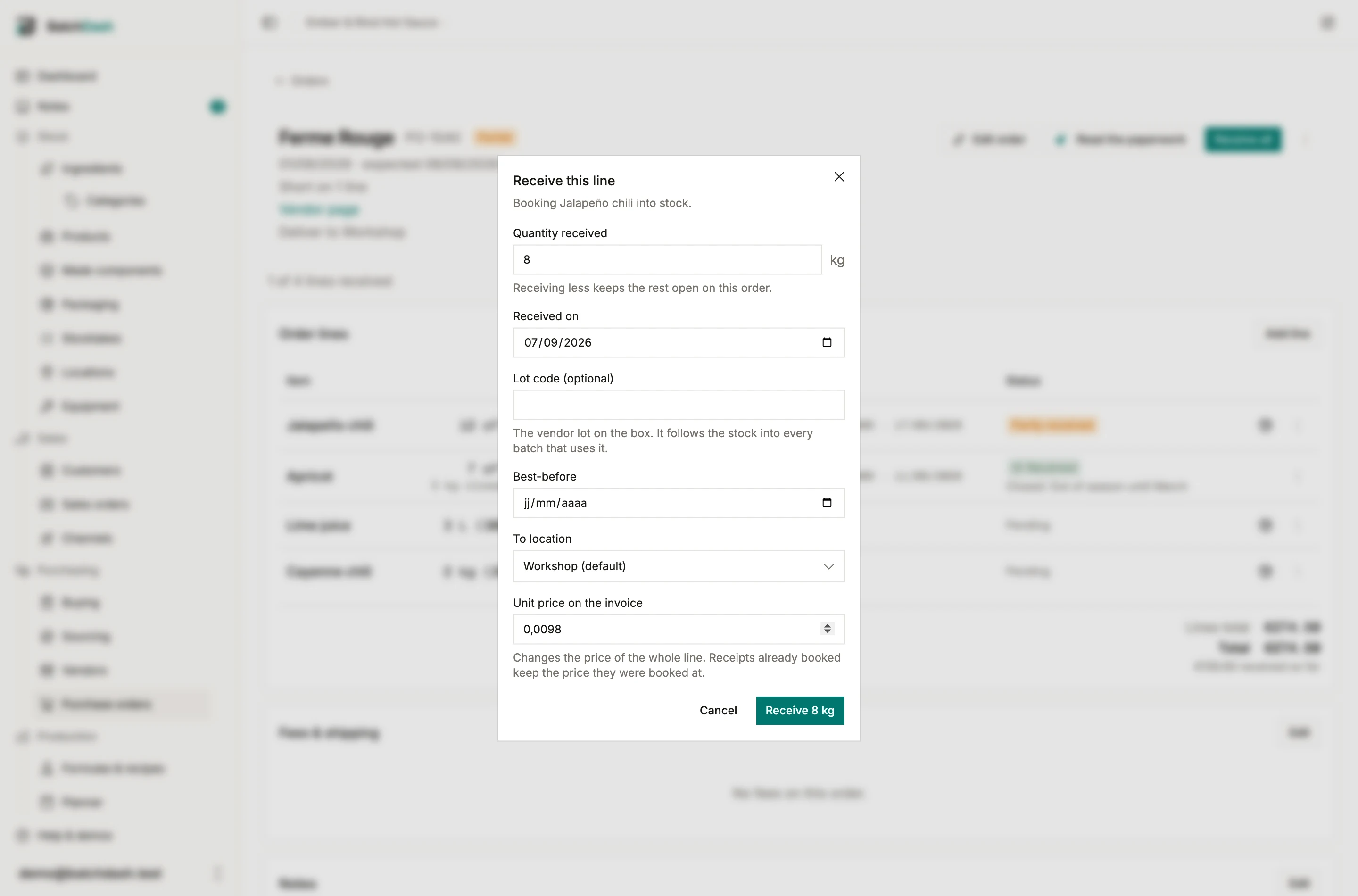 The invoice price field, opened under the receive dialog’s quantity