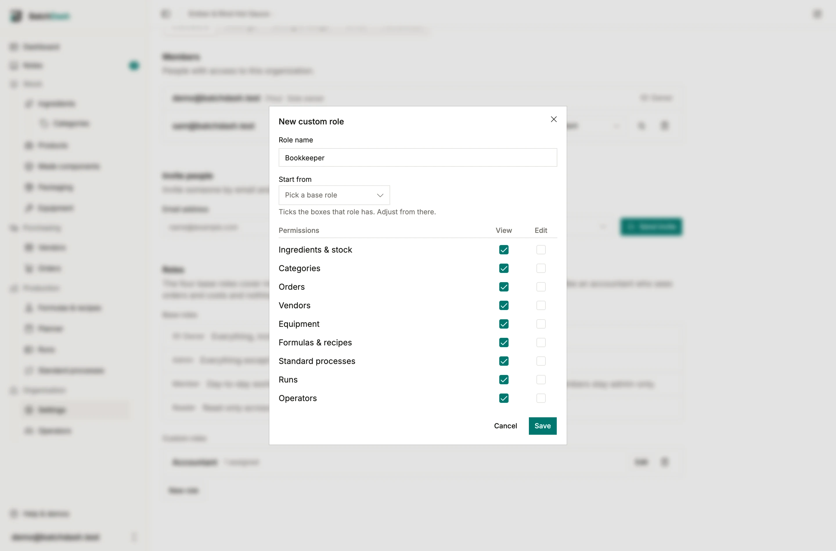 The new-role dialog: a name, a base role to start from, and the permission list