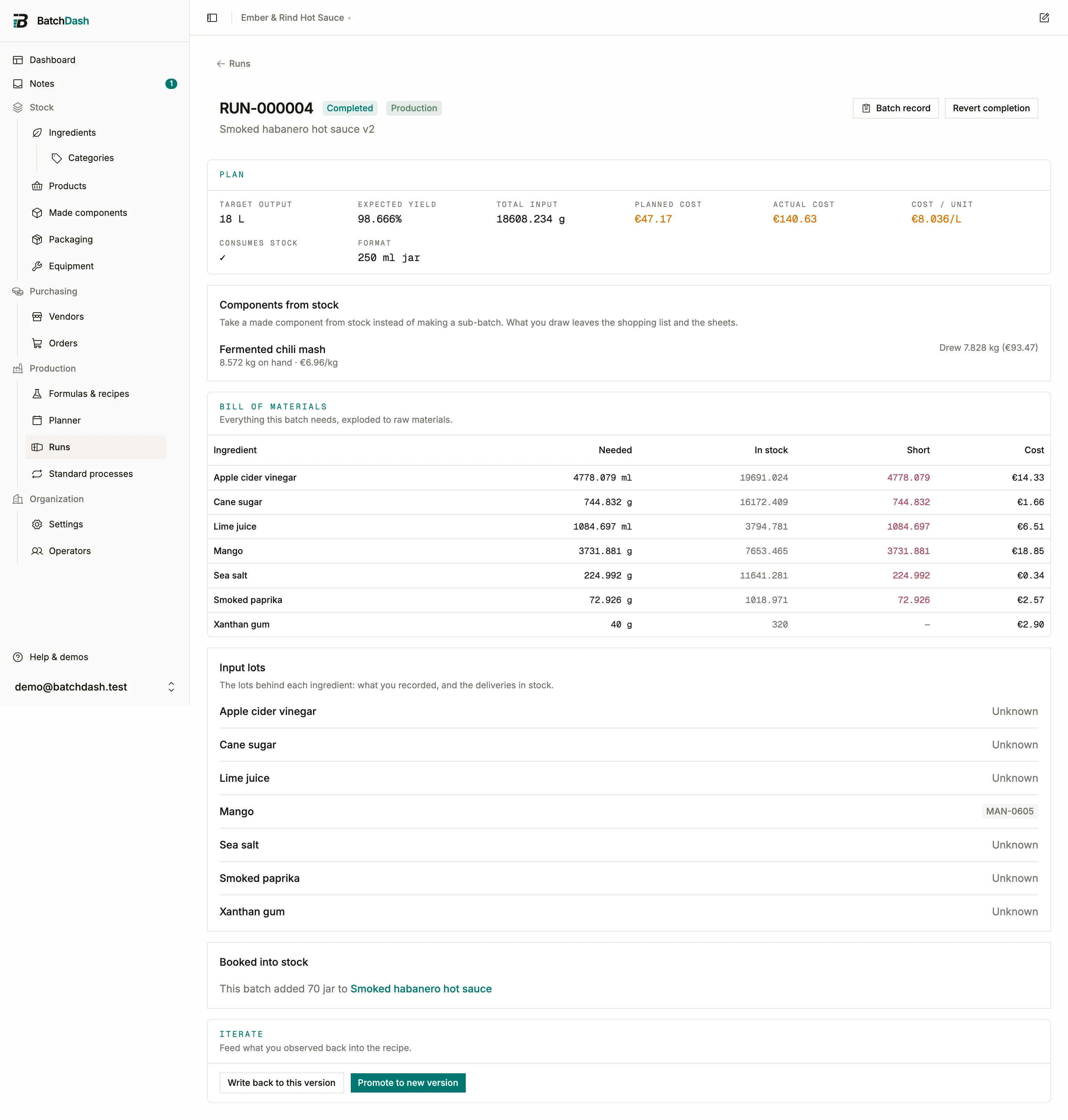 A completed run with its batch record and costs