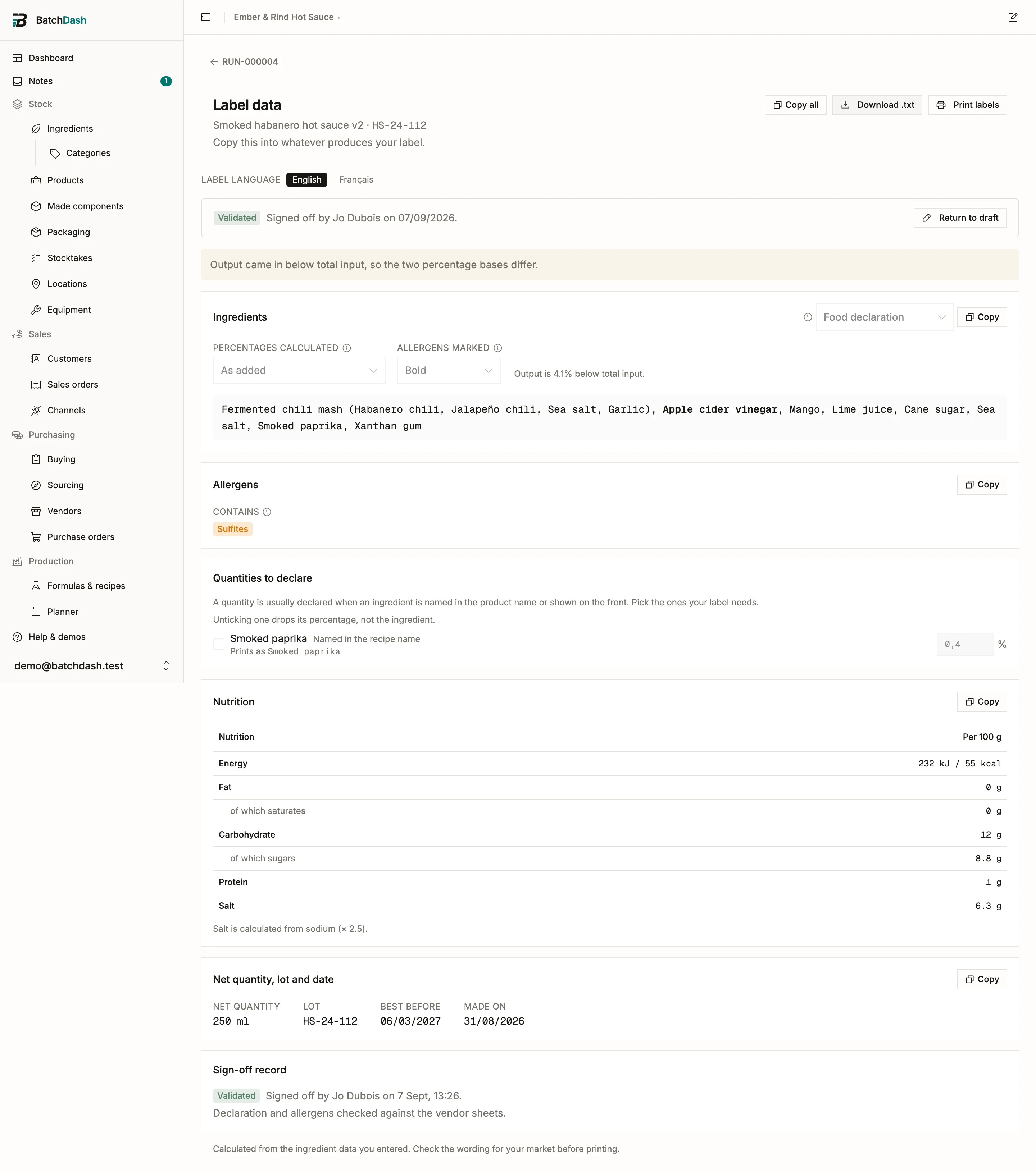 The label data page with its language switch