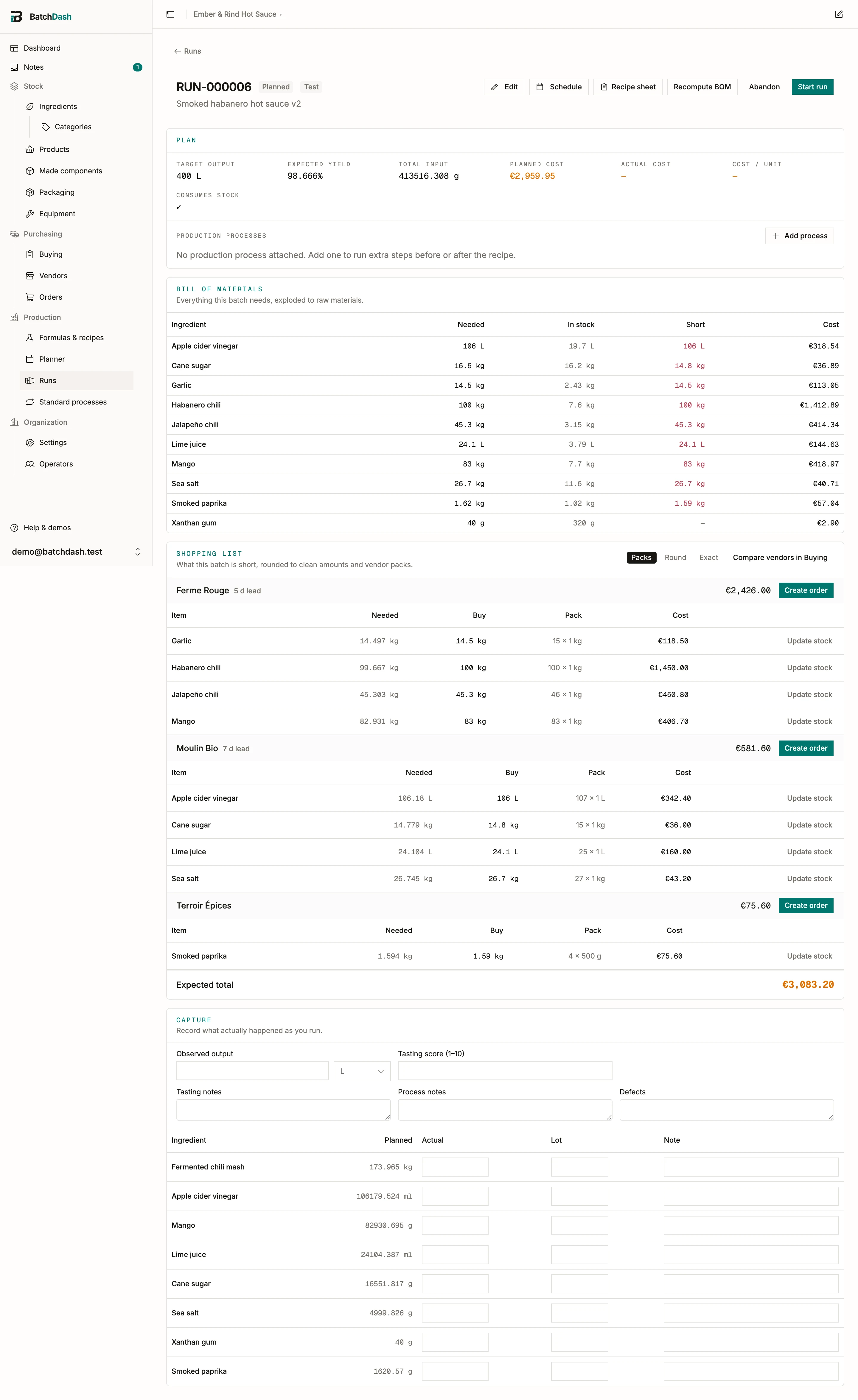 A planned run with shortfalls flagged in the bill of materials