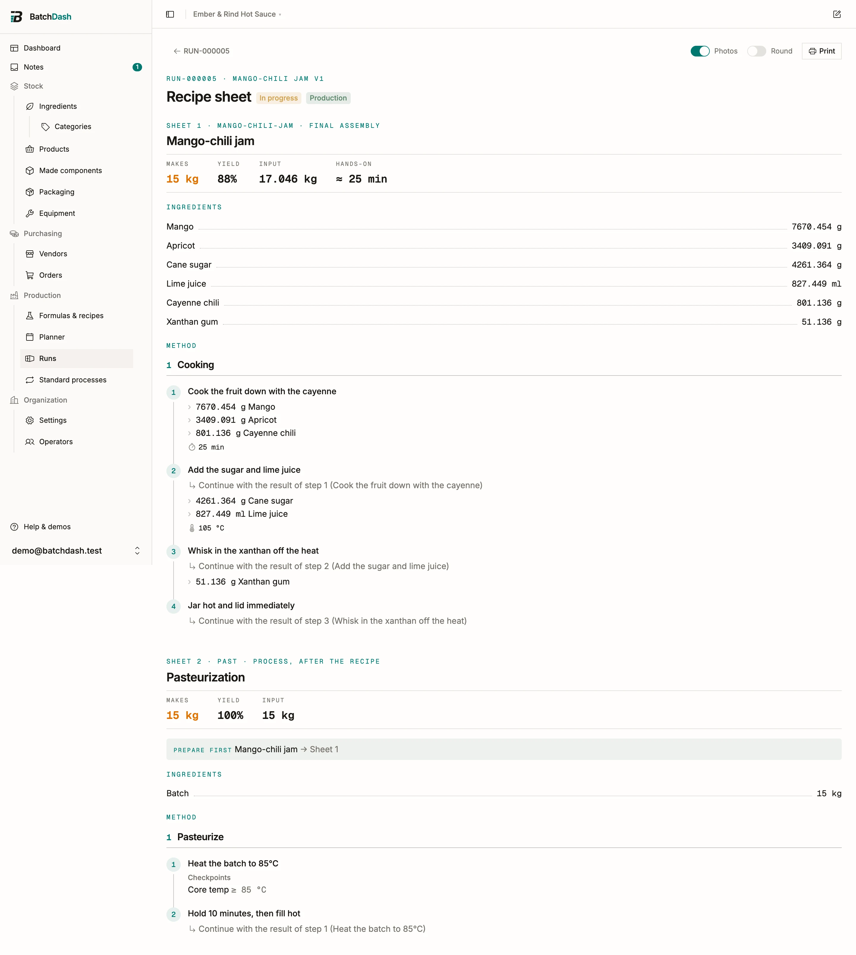 A run sheet ending with the pasteurization process sheet