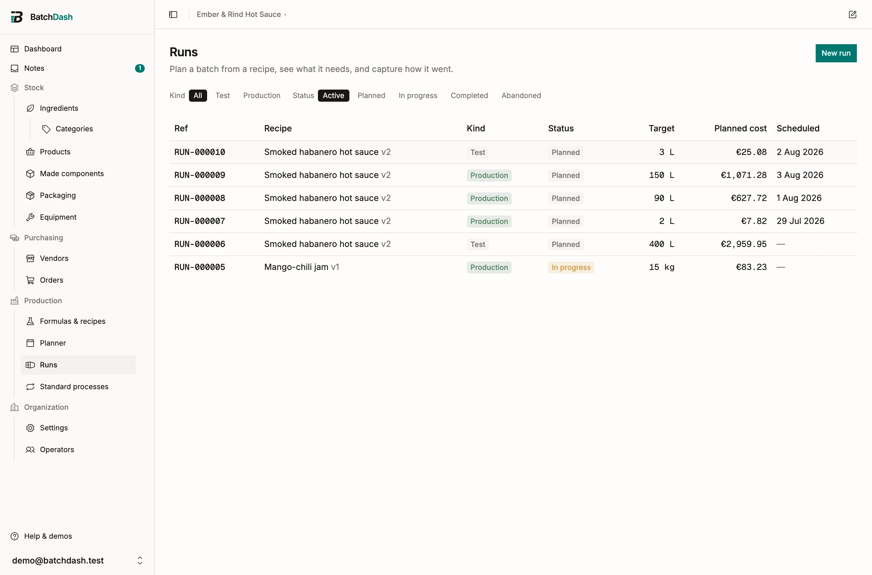 The Runs list, showing kind and status for each batch