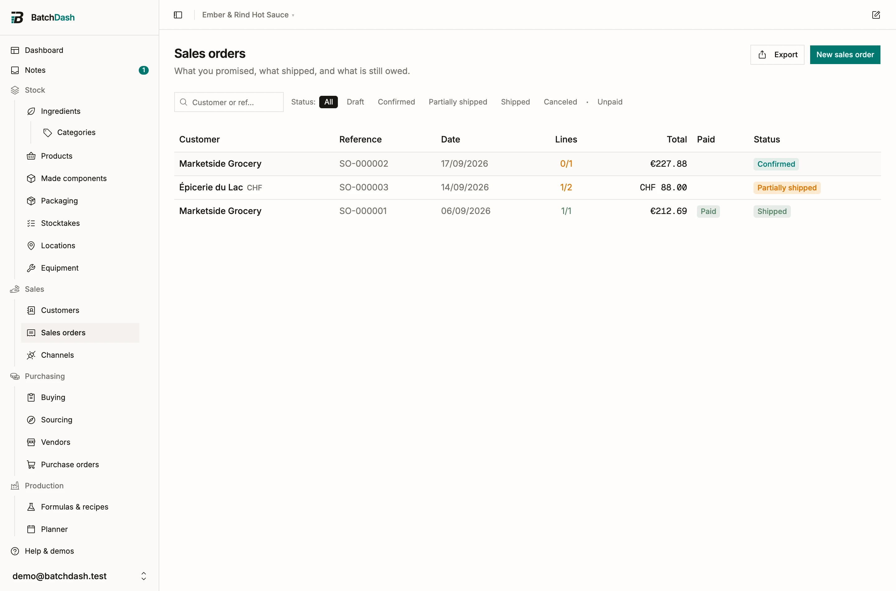 The sales orders list with status filters