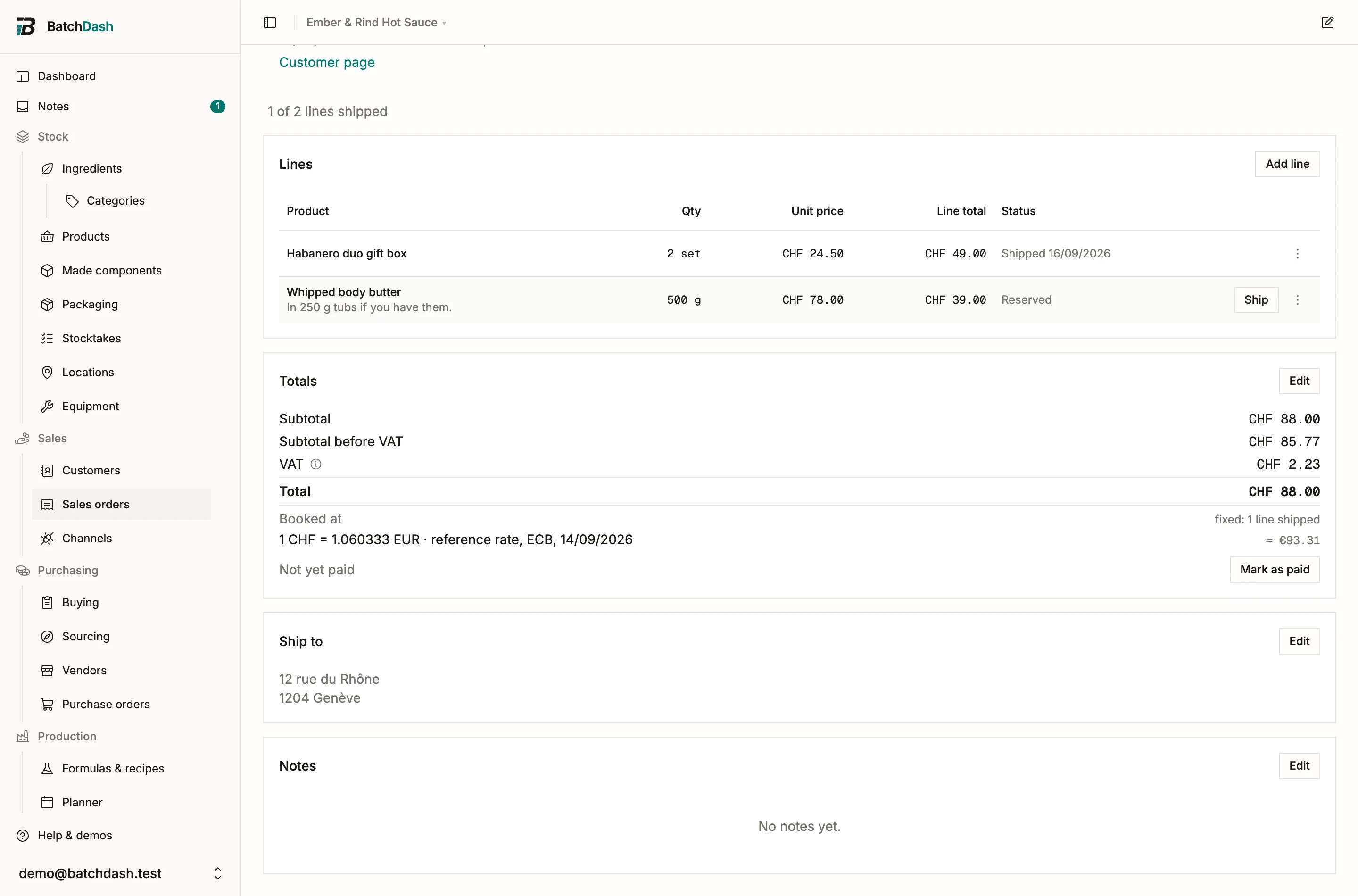 A sales order’s totals with its VAT split