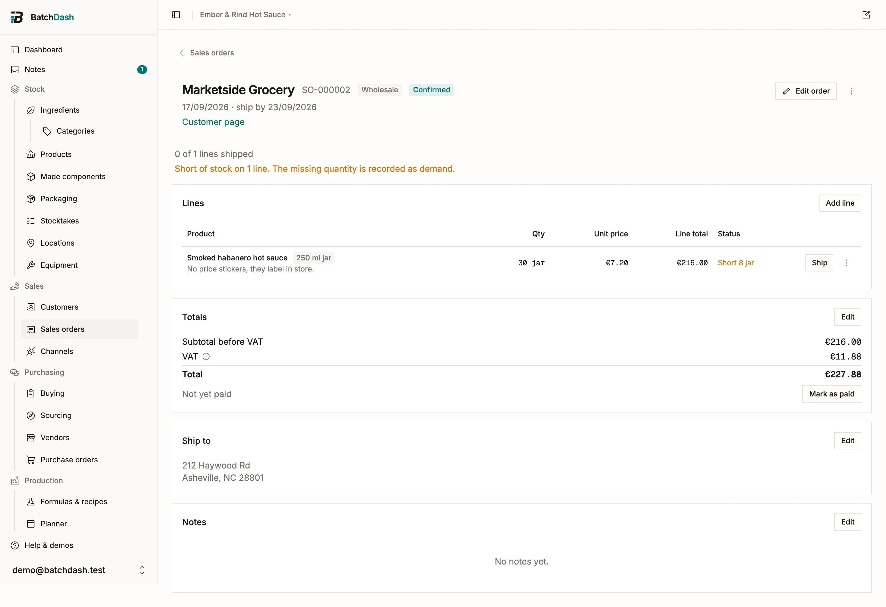 A confirmed sales order with a line short of stock