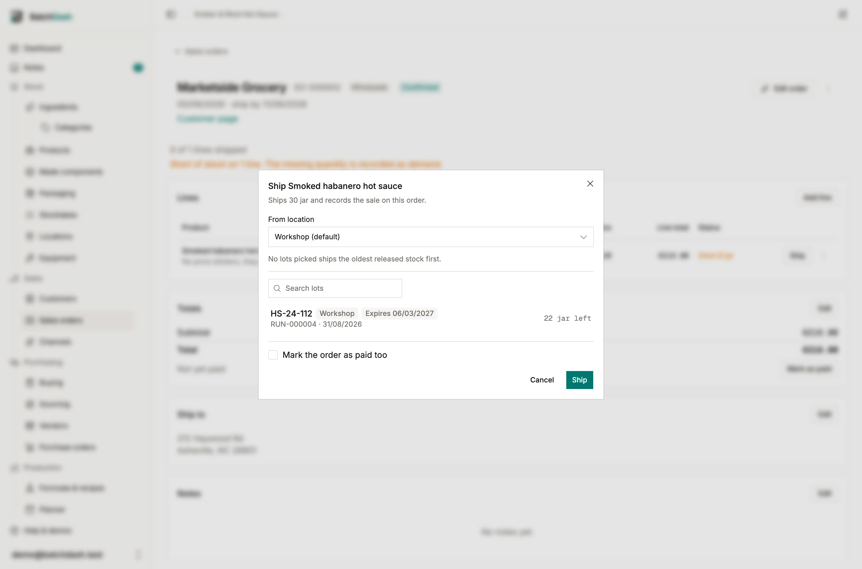 The ship dialog with the product’s lots