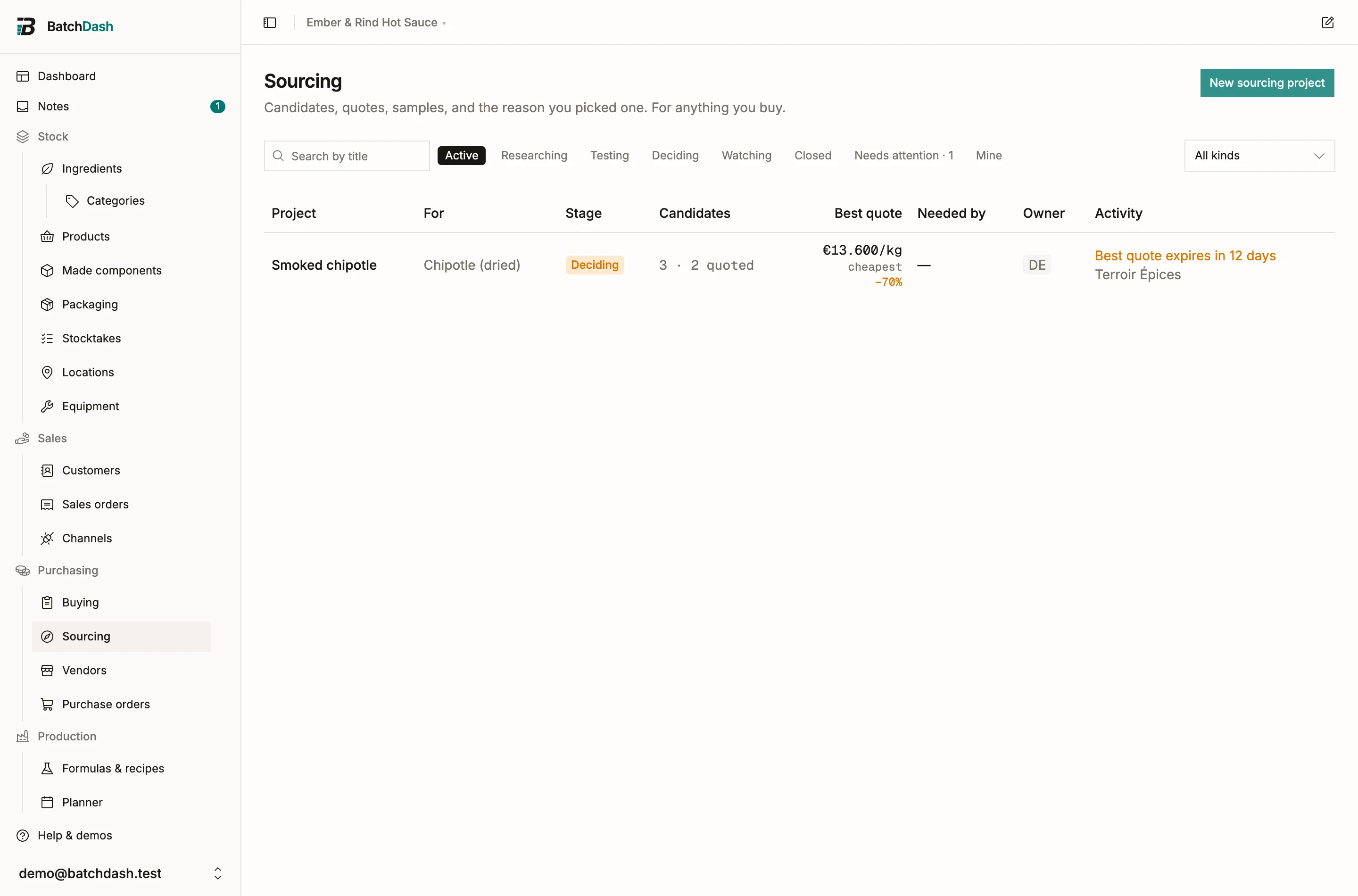 The Sourcing page: an open search in Deciding, its best quote against today’s cost, and the Needs attention pill