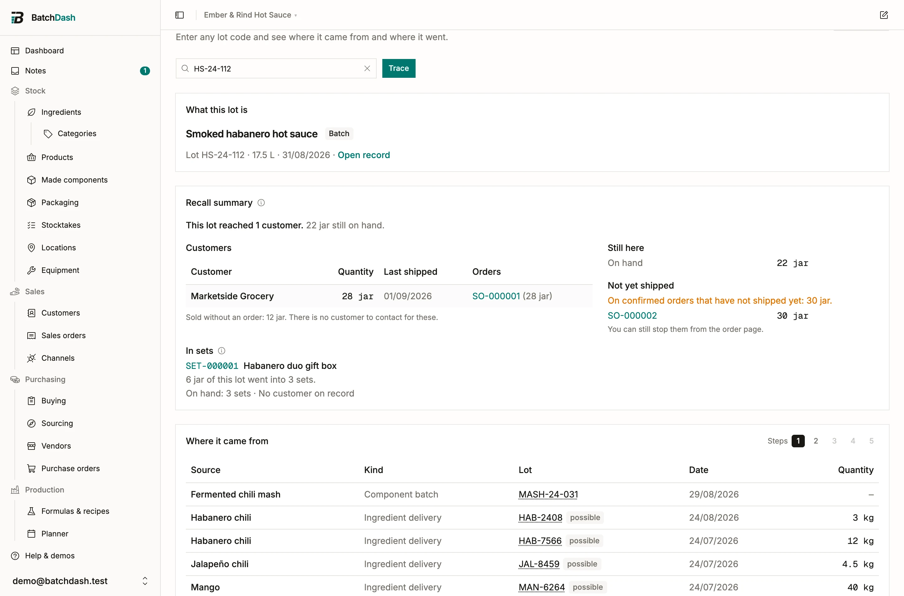 The recall summary for a product lot: one customer, the market sales, the shelf, the open order