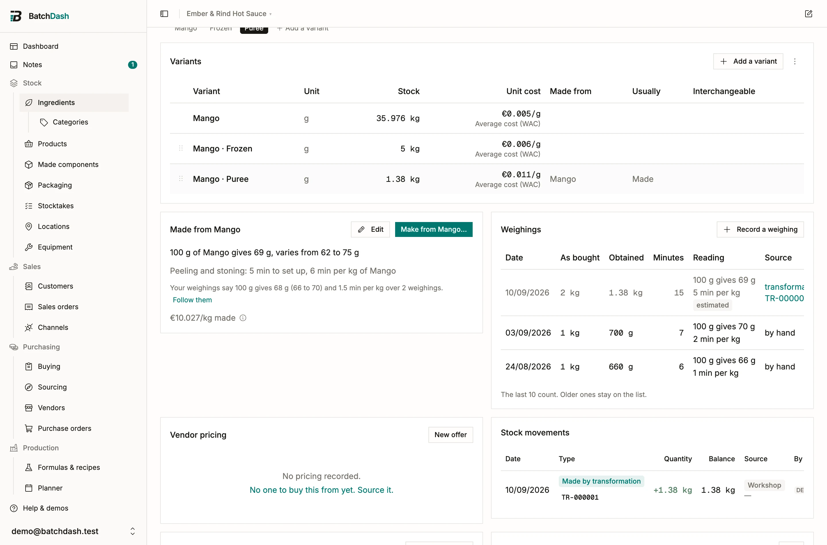 The Made-from card: 100 g of Mango gives 69 g, the range, the time, and the made cost beside the bought one