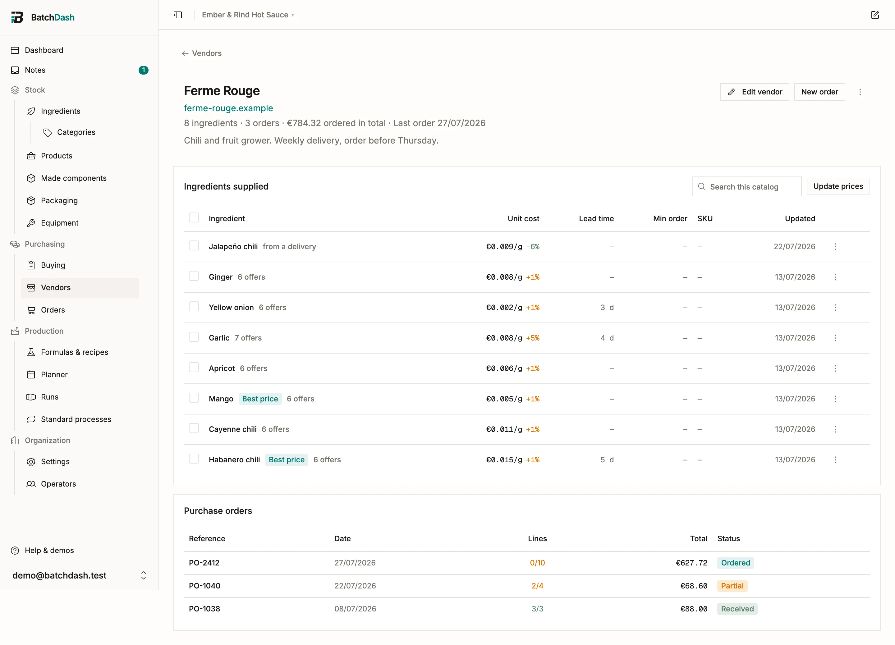 A vendor page with its supplied ingredients, orders and equipment quotes