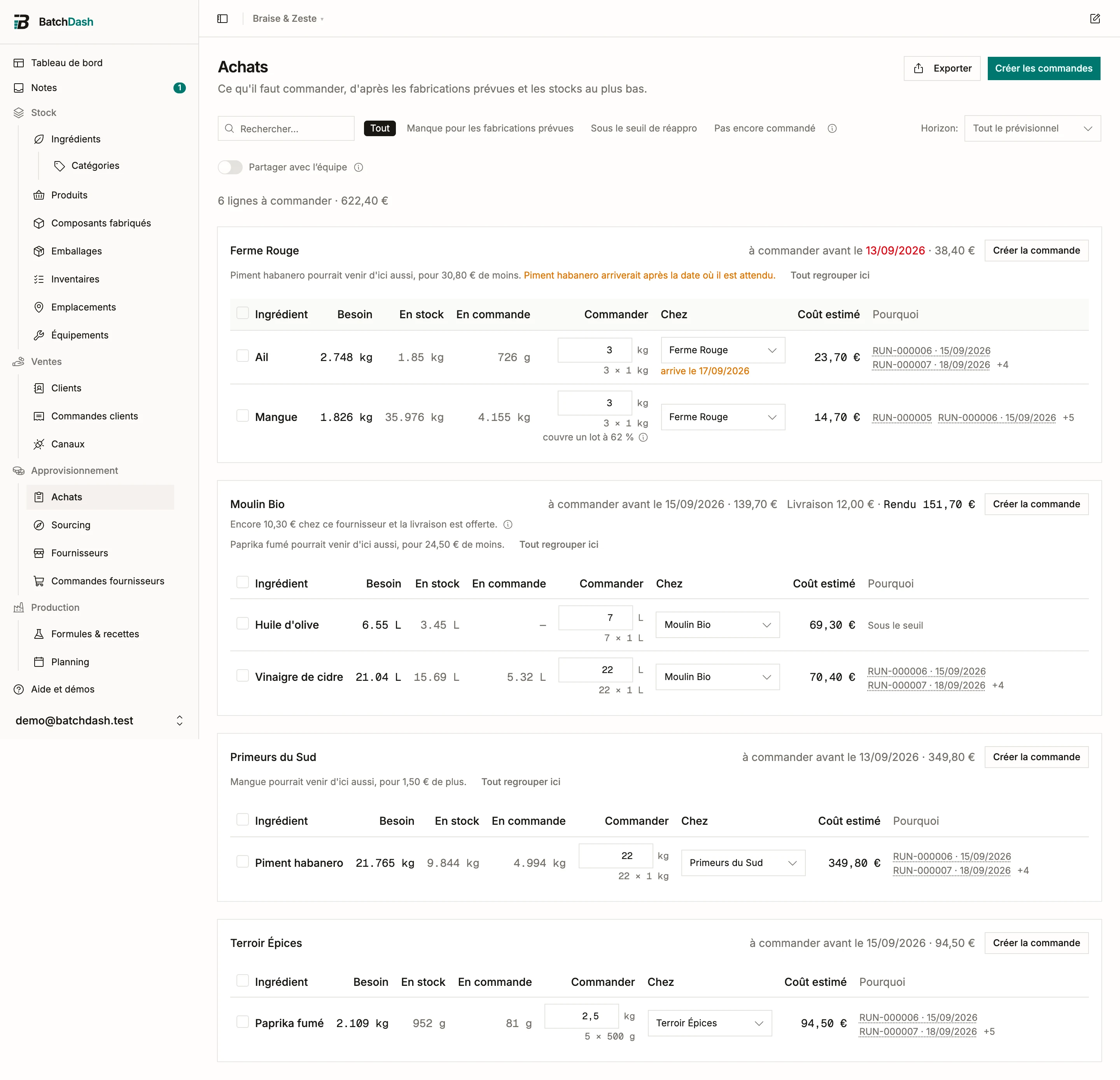 La page Achats avec une carte par fournisseur
