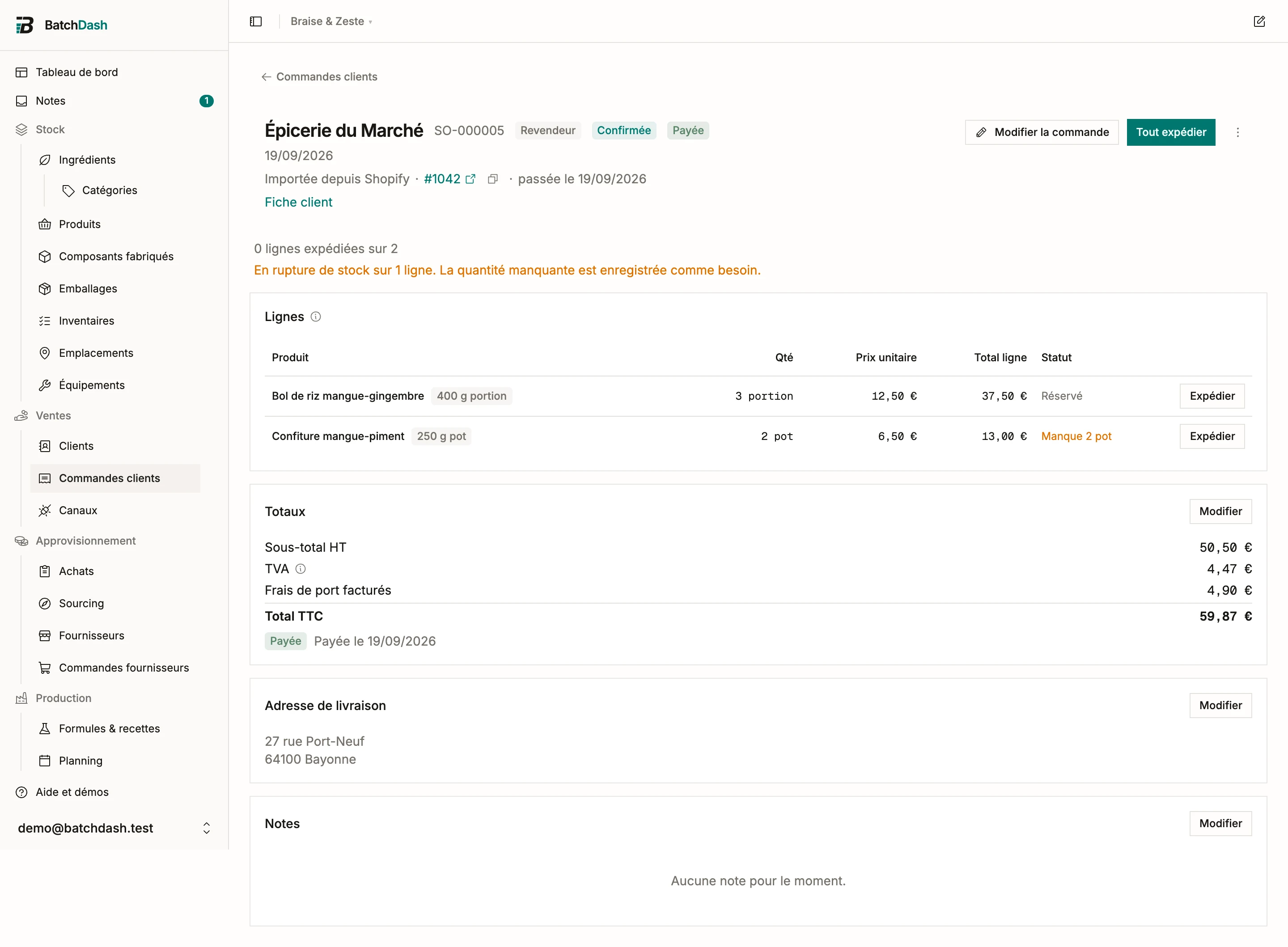Une commande importée: une commande client normale avec sa ligne d’origine Shopify