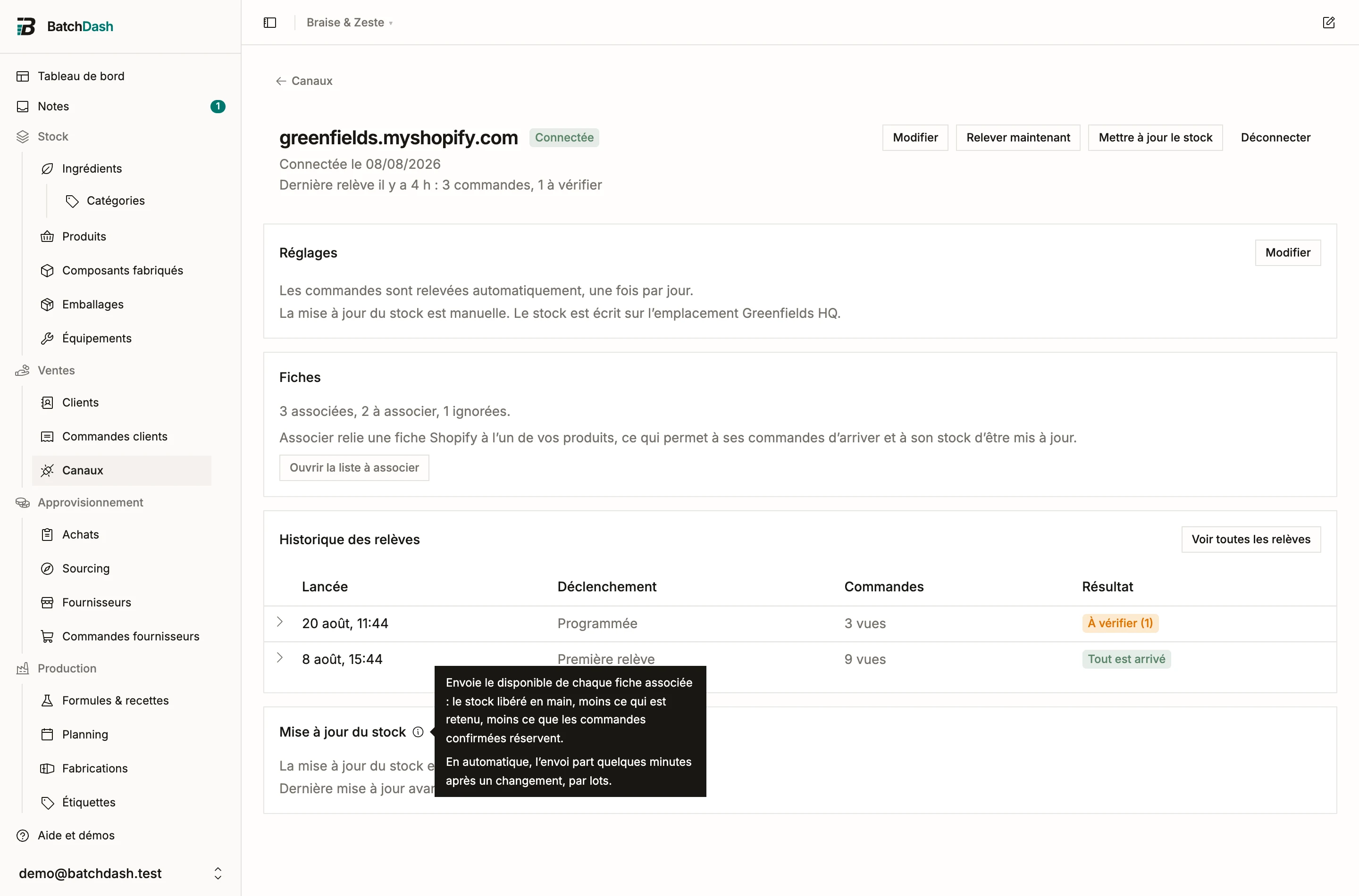 La carte Mise à jour du stock et la définition du disponible