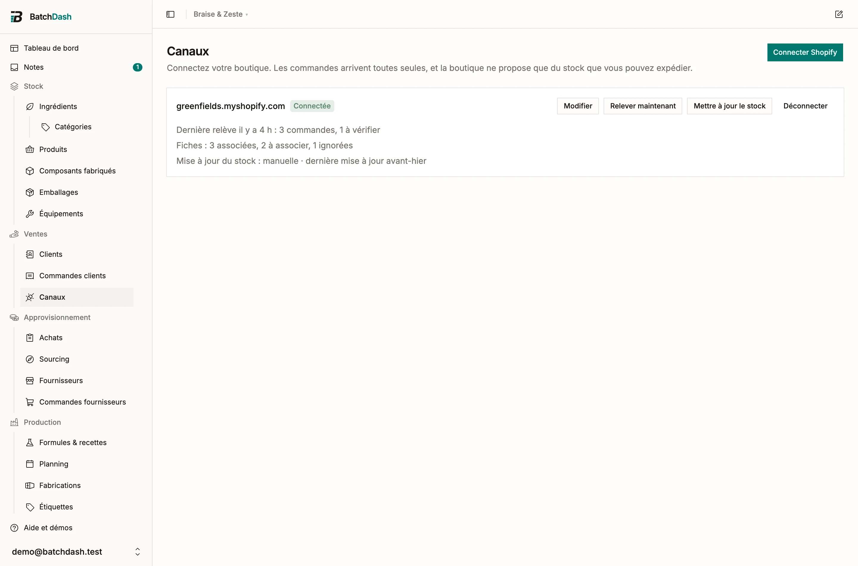 La page Canaux avec une boutique connectée