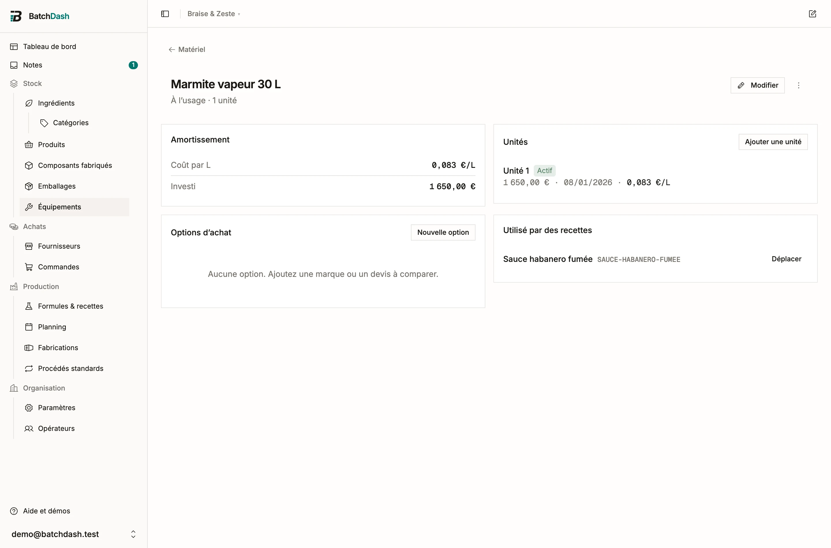 Une fiche matériel avec unités et options d’achat