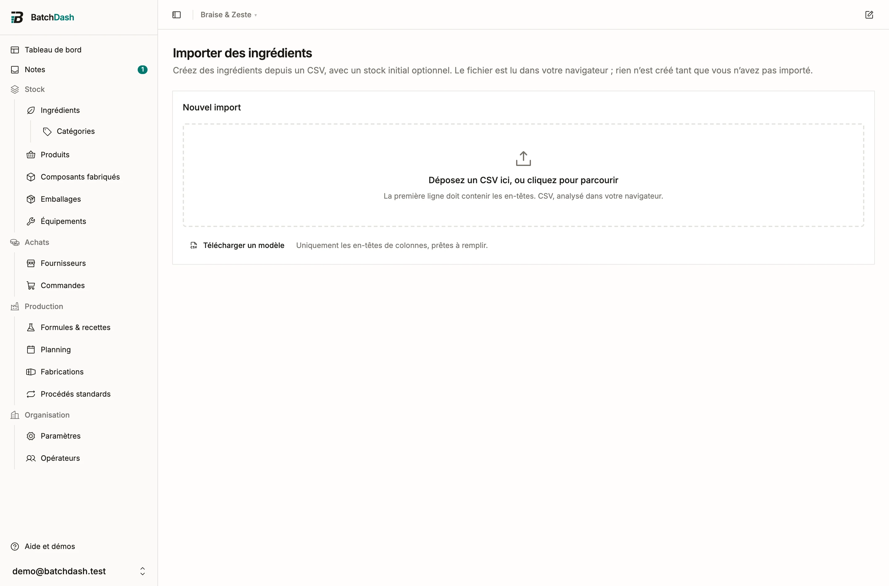 La page des imports avec ses trois types d’import
