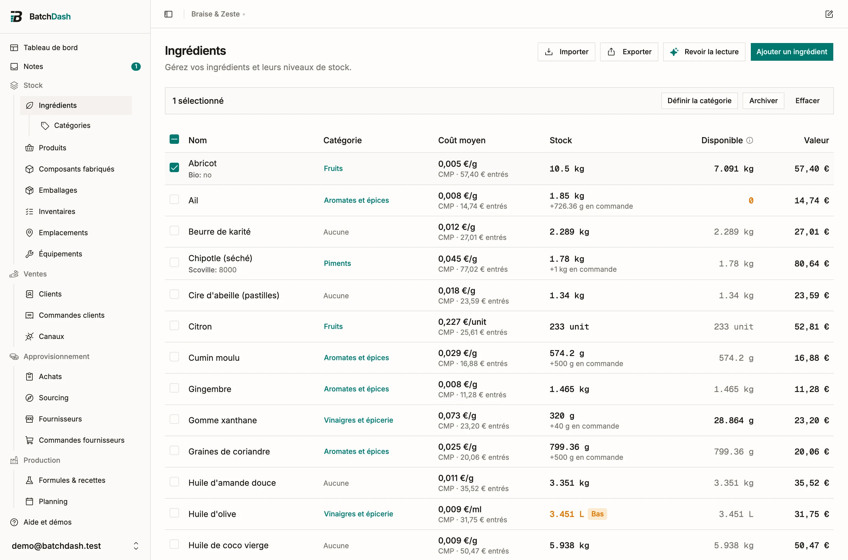 La liste des ingrédients avec une ligne sélectionnée et la barre d’actions