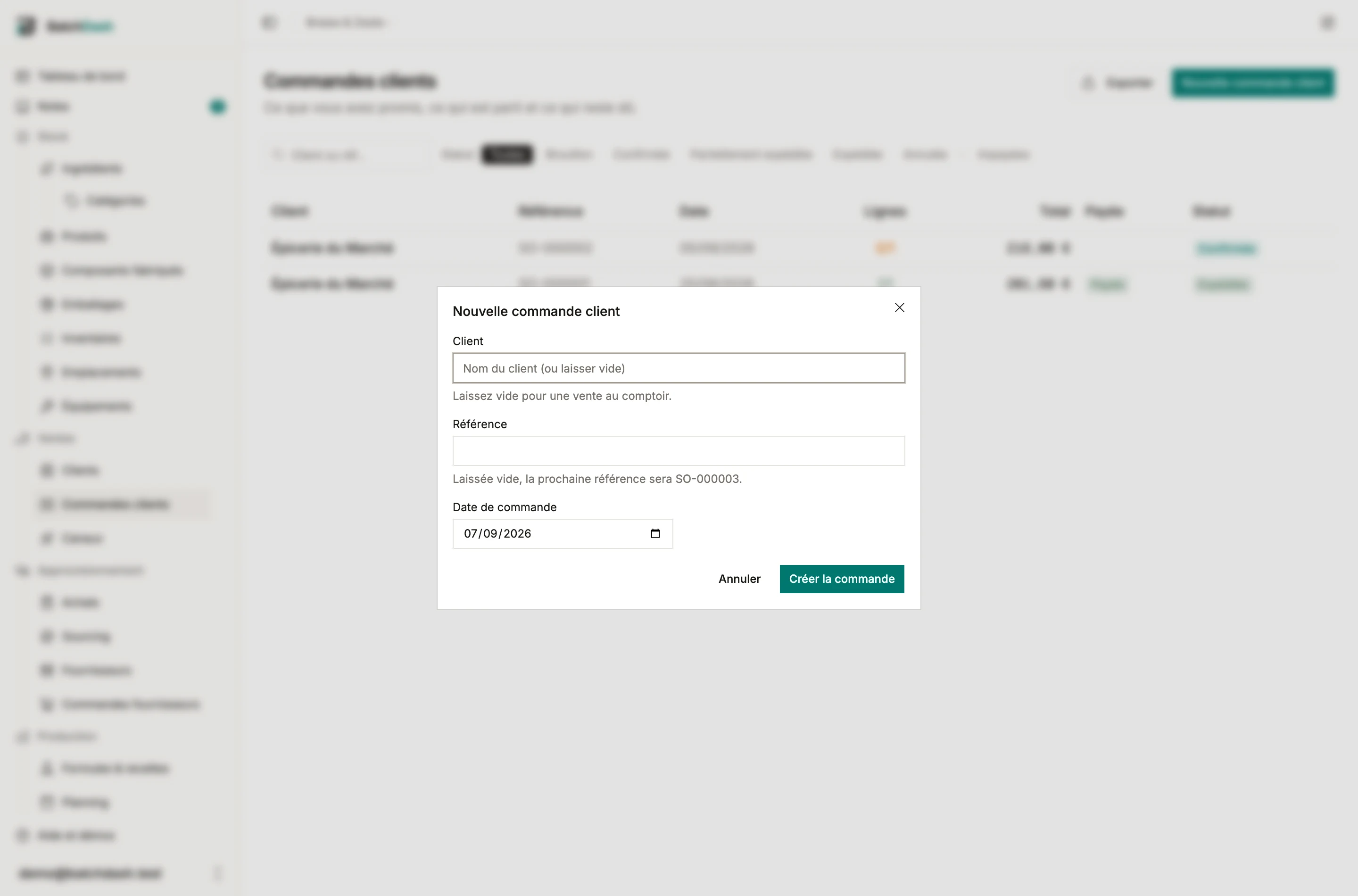 La fenêtre de nouvelle commande client