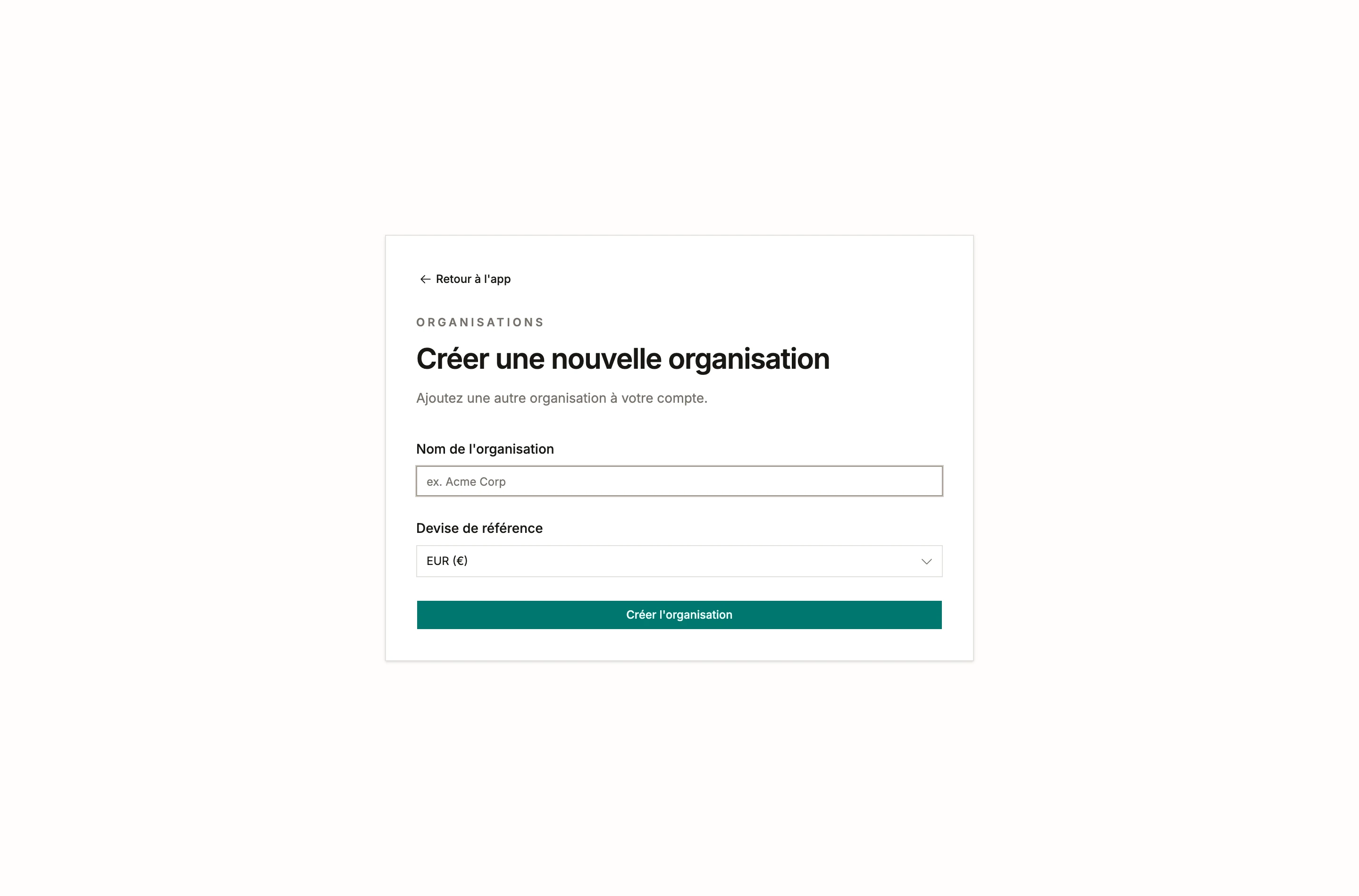 Le formulaire de création d’organisation avec le nom et la devise de référence