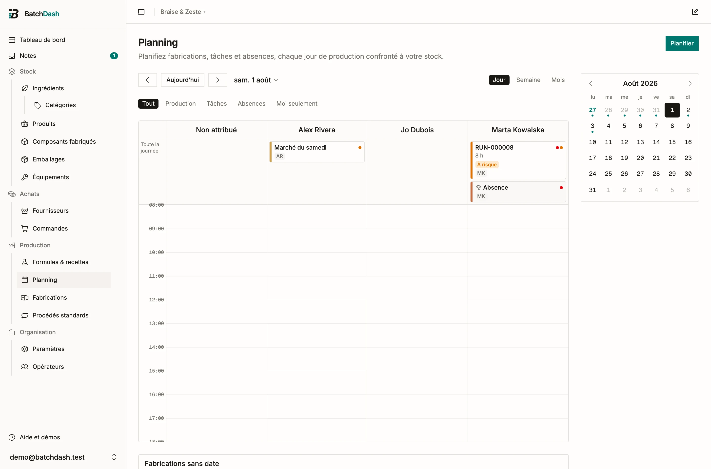 La vue jour, sa grille horaire et sa ligne toute la journée