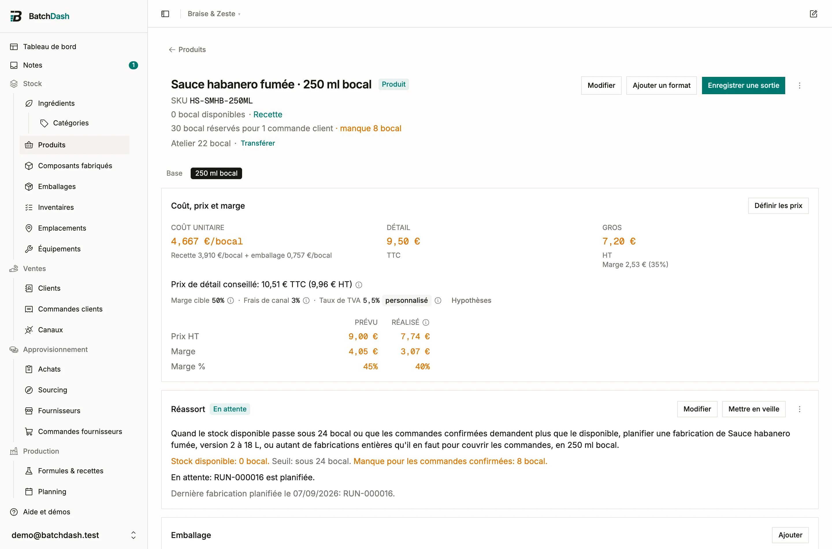 Une page produit avec du stock réservé