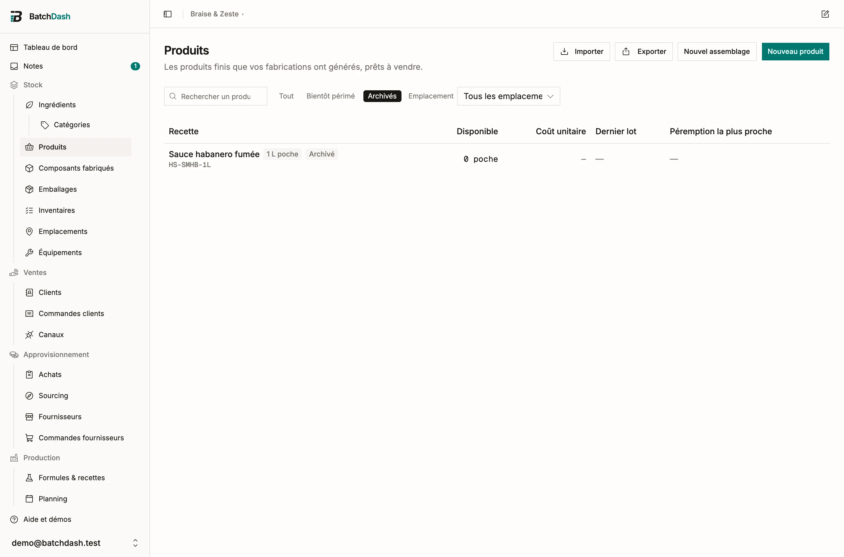 La liste des produits, vue archivés